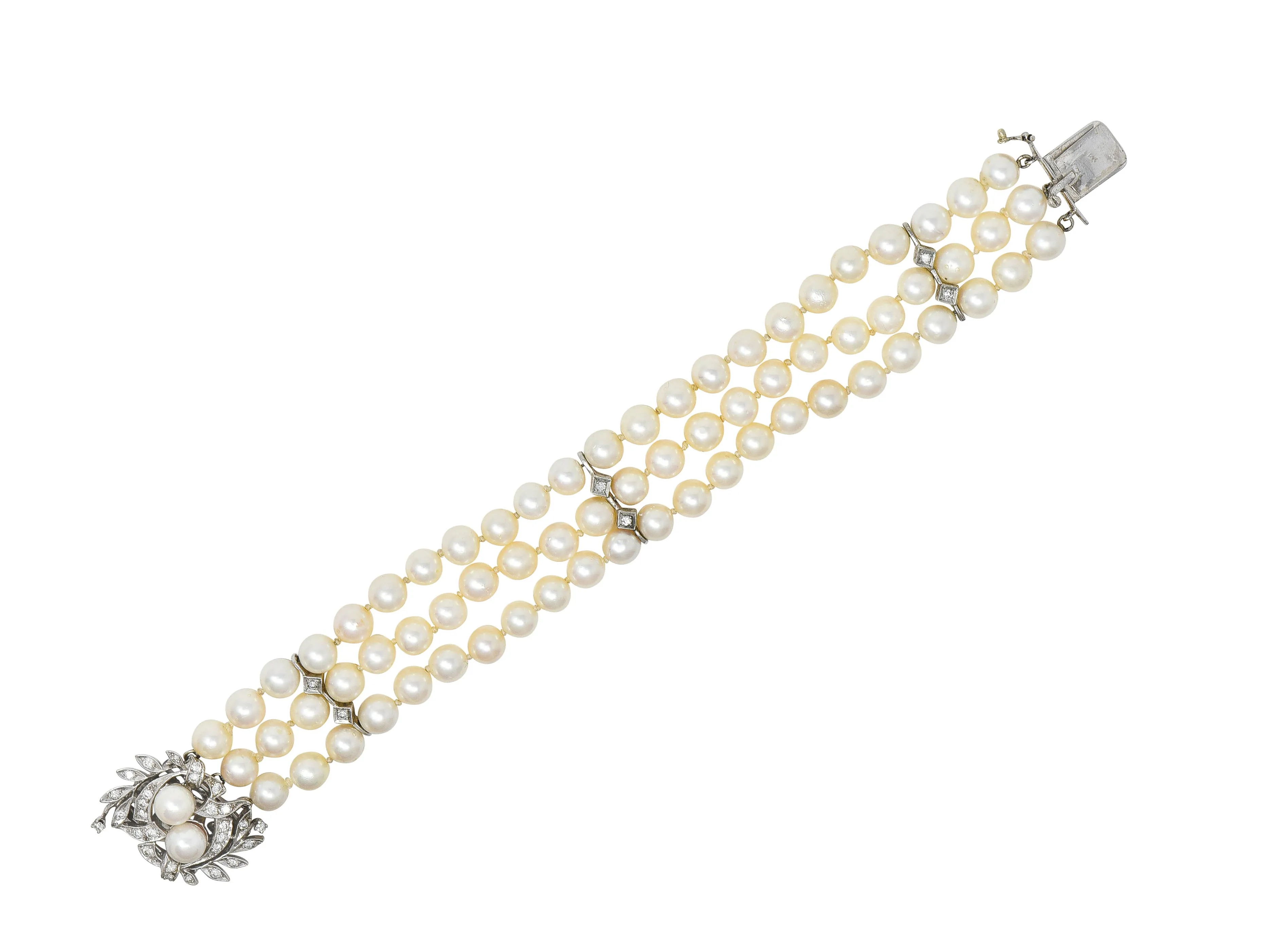 Mid-Century Diamond Pearl 18 Karat White Gold Foliate Multi-Strand Vintage Bracelet