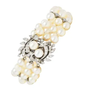 Mid-Century Diamond Pearl 18 Karat White Gold Foliate Multi-Strand Vintage Bracelet