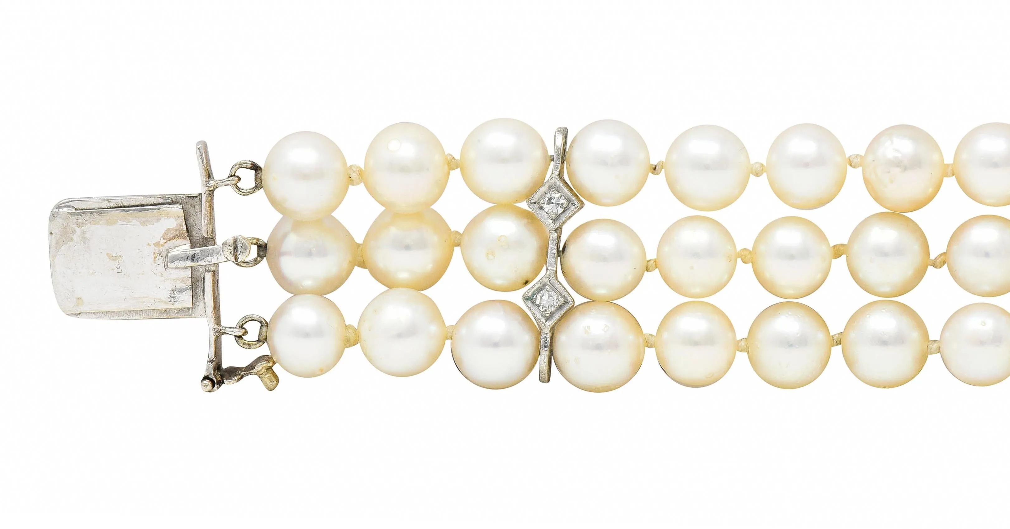 Mid-Century Diamond Pearl 18 Karat White Gold Foliate Multi-Strand Vintage Bracelet