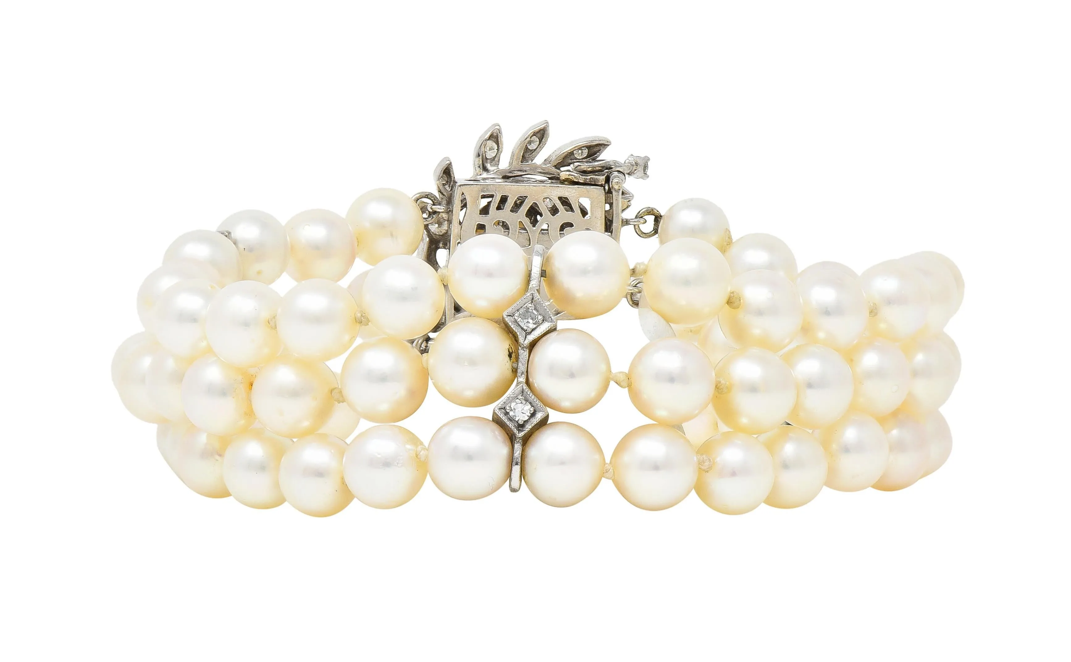 Mid-Century Diamond Pearl 18 Karat White Gold Foliate Multi-Strand Vintage Bracelet