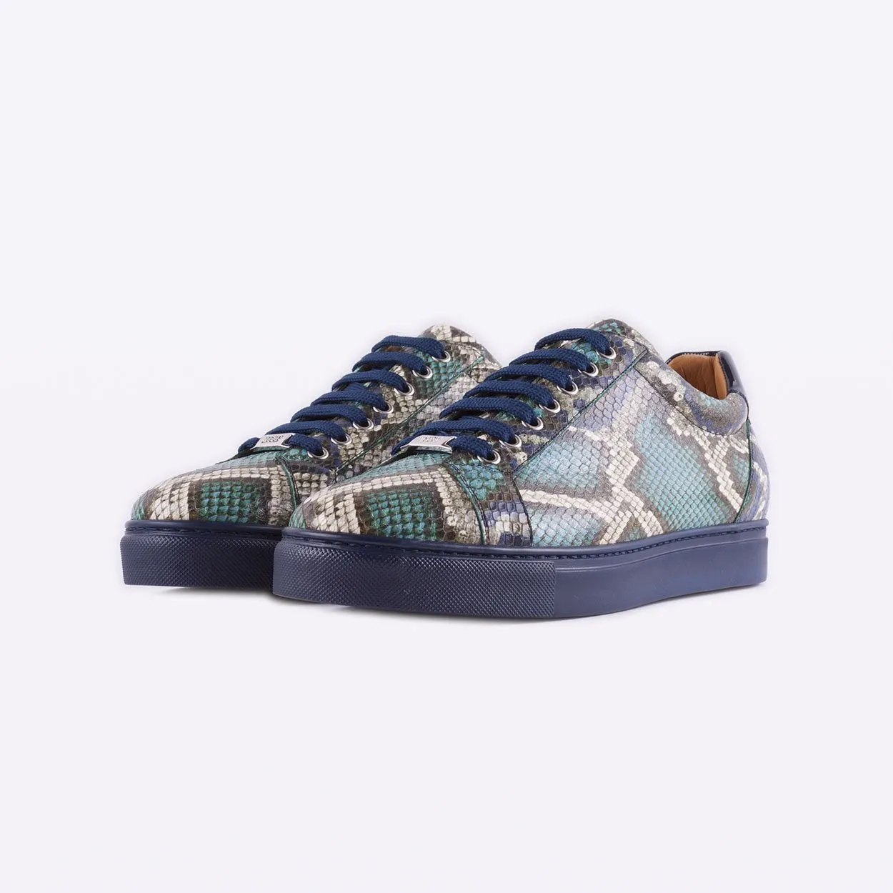 Mister 40131 Redin Men's Shoes Beige, Blue & Green Python Print / Calf-Skin Leather Casual Sneakers (MIS1034)