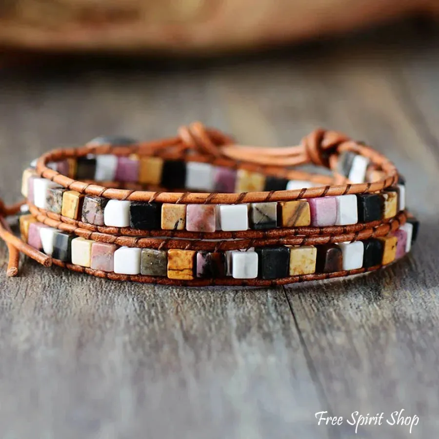 Natural Jasper Semi-Precious Stone Two Layer Leather Bracelet - 6 Colours