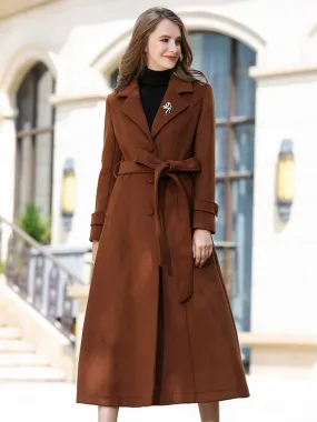 New Women Winter Coat Belted Buttons A-Line Full Length Coat 2024