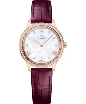 Omega De Ville Prestige Quartz 27.5mm Mother of Pearl Dial Diamond Bezel 18K Rose Gold Burgundy Leather Strap Women's Watch 434.