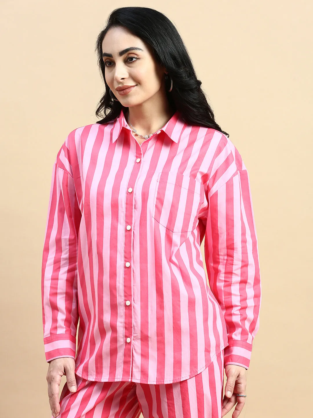 Oversized Stripped Shirt-Pink