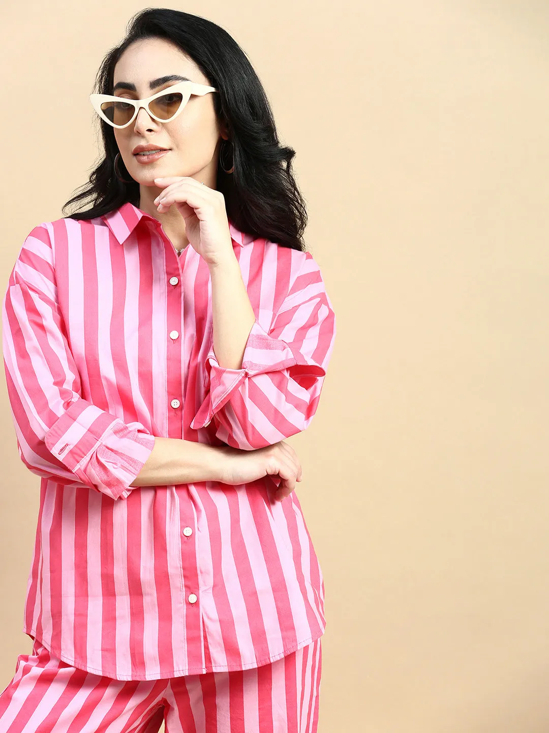 Oversized Stripped Shirt-Pink