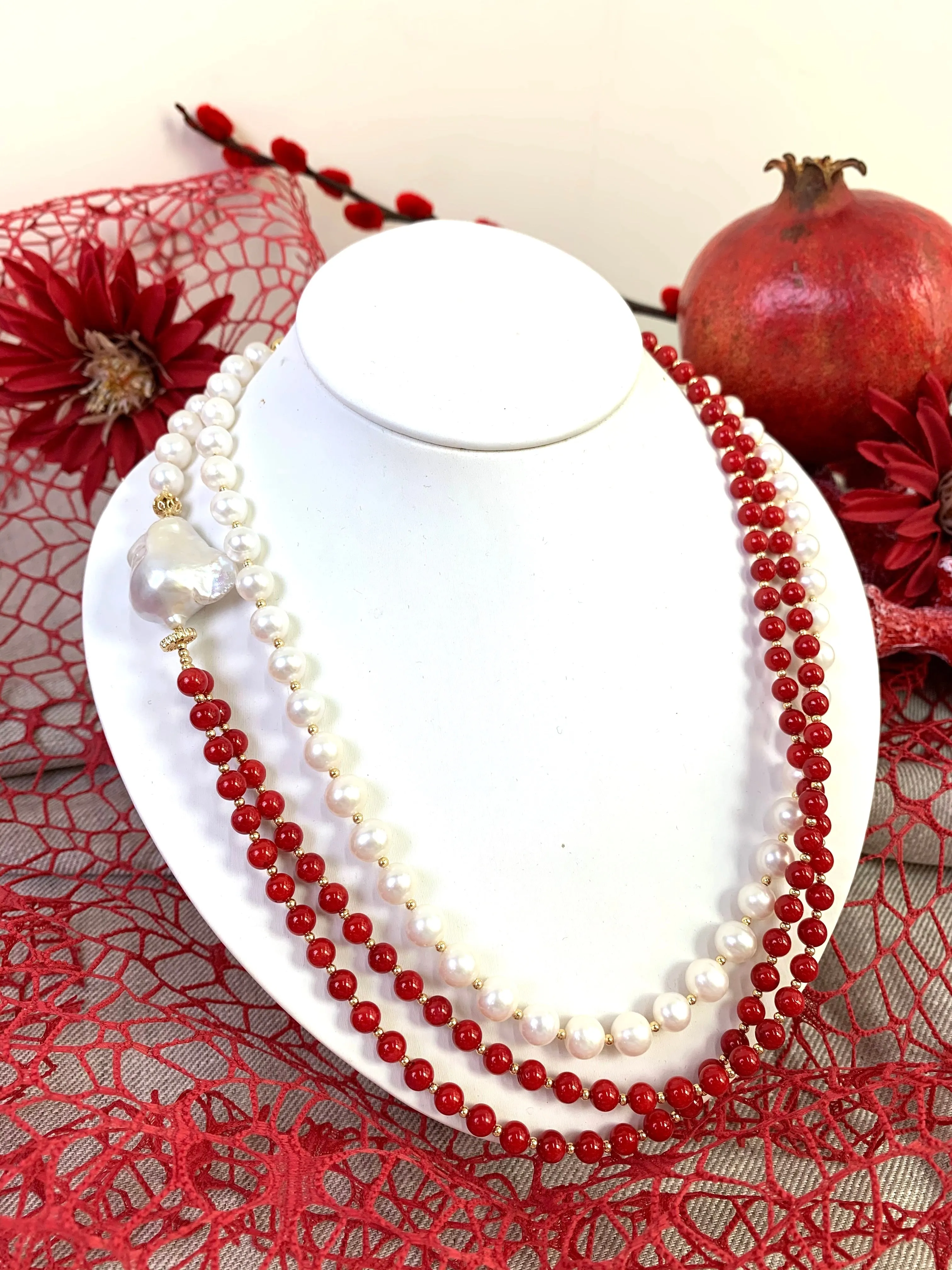 Red Coral & Freshwater Pearls Multi-Way Long Necklace EN038