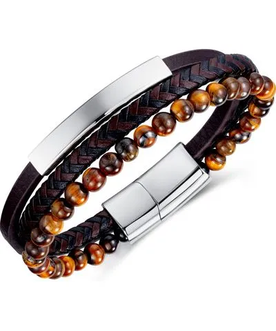 Rhona Sutton Black Tigers Eye Plated Leather Stainless Steel Bracelet