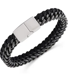 Rhona Sutton Gunmetal Chain with Black Leather Weaved Stainless Steel Bracelet