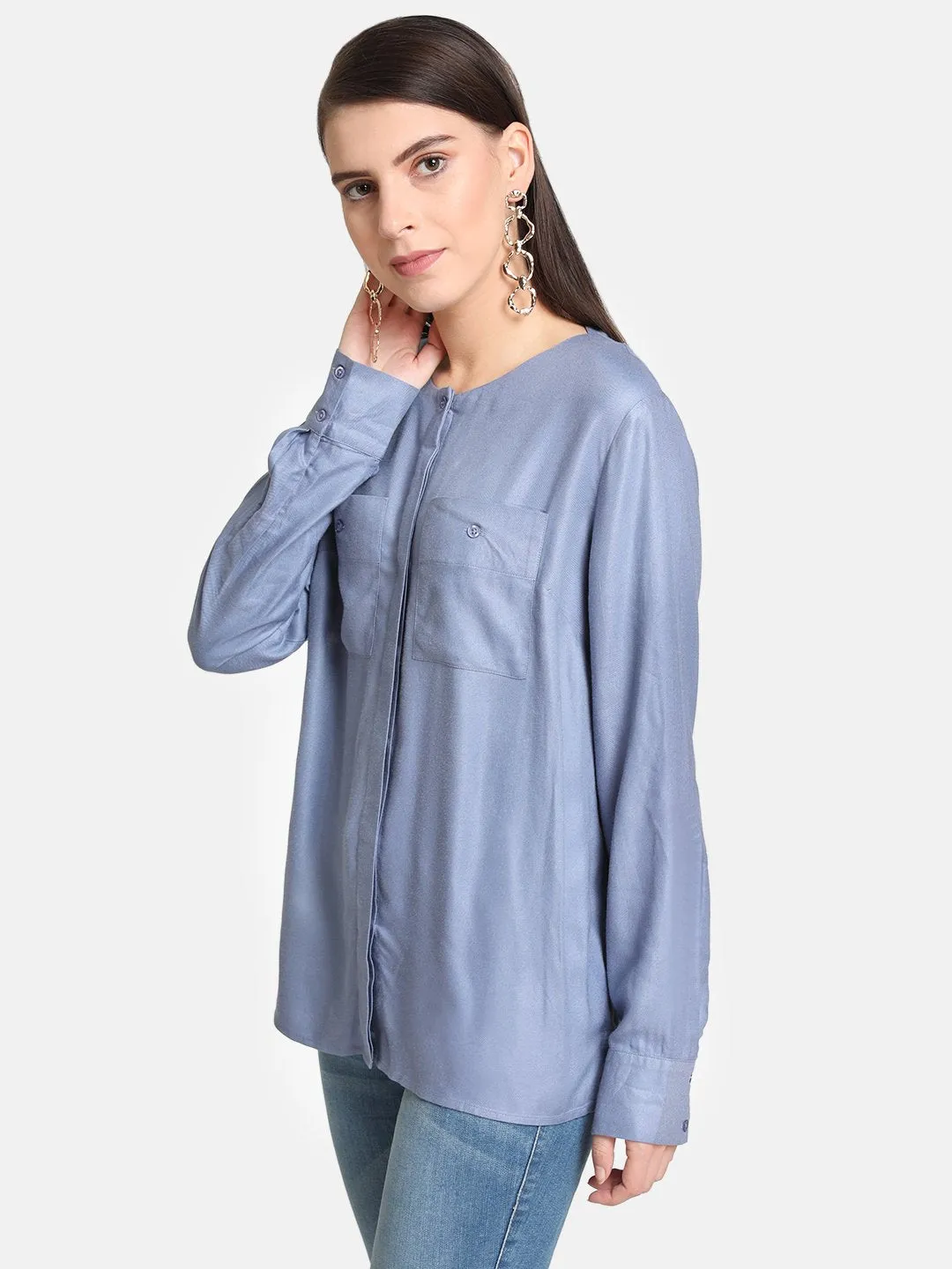 Round Neck Shirt With Front Hidden Placket Detail