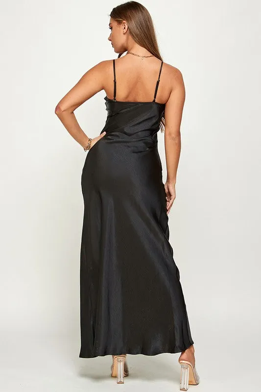 Satin Cowl Neck Slip Long Dress