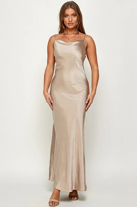 Satin Cowl Neck Slip Long Dress