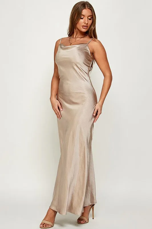 Satin Cowl Neck Slip Long Dress