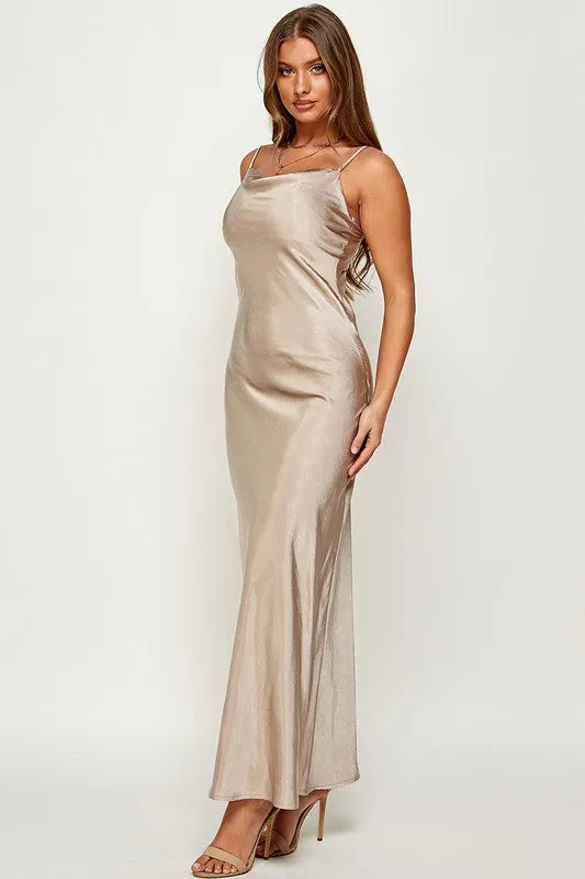 Satin Cowl Neck Slip Long Dress