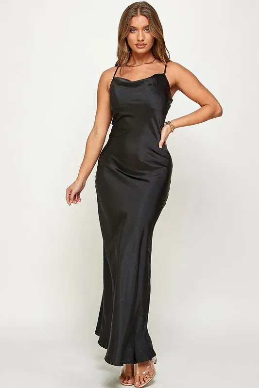 Satin Cowl Neck Slip Long Dress