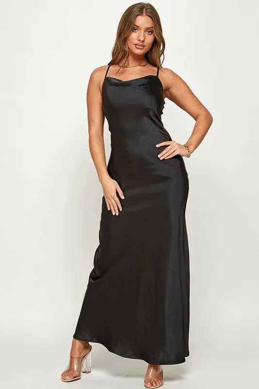 Satin Cowl Neck Slip Long Dress