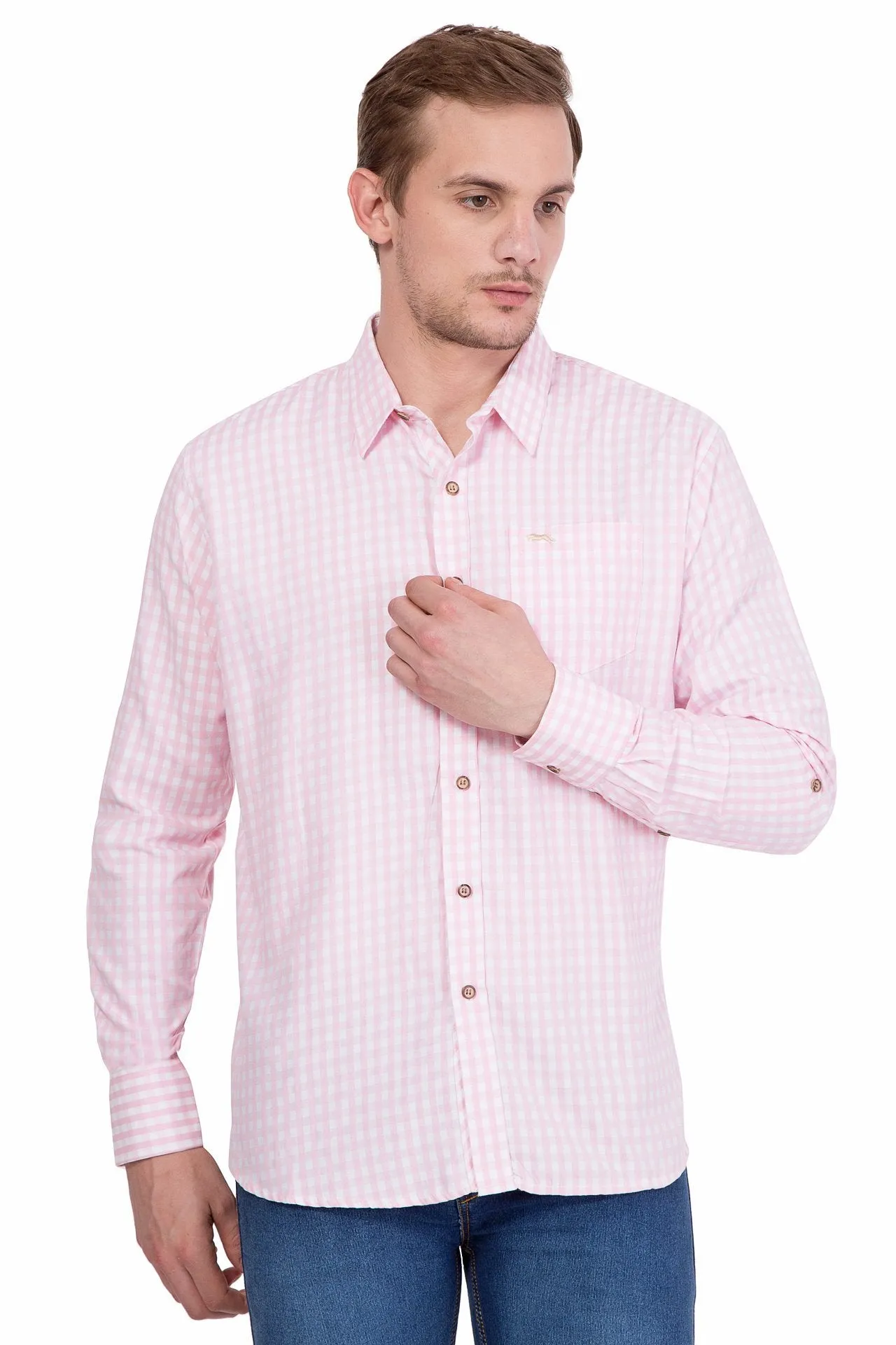 Slim Fit Long Sleeve Pink And White Check Casual Shirt