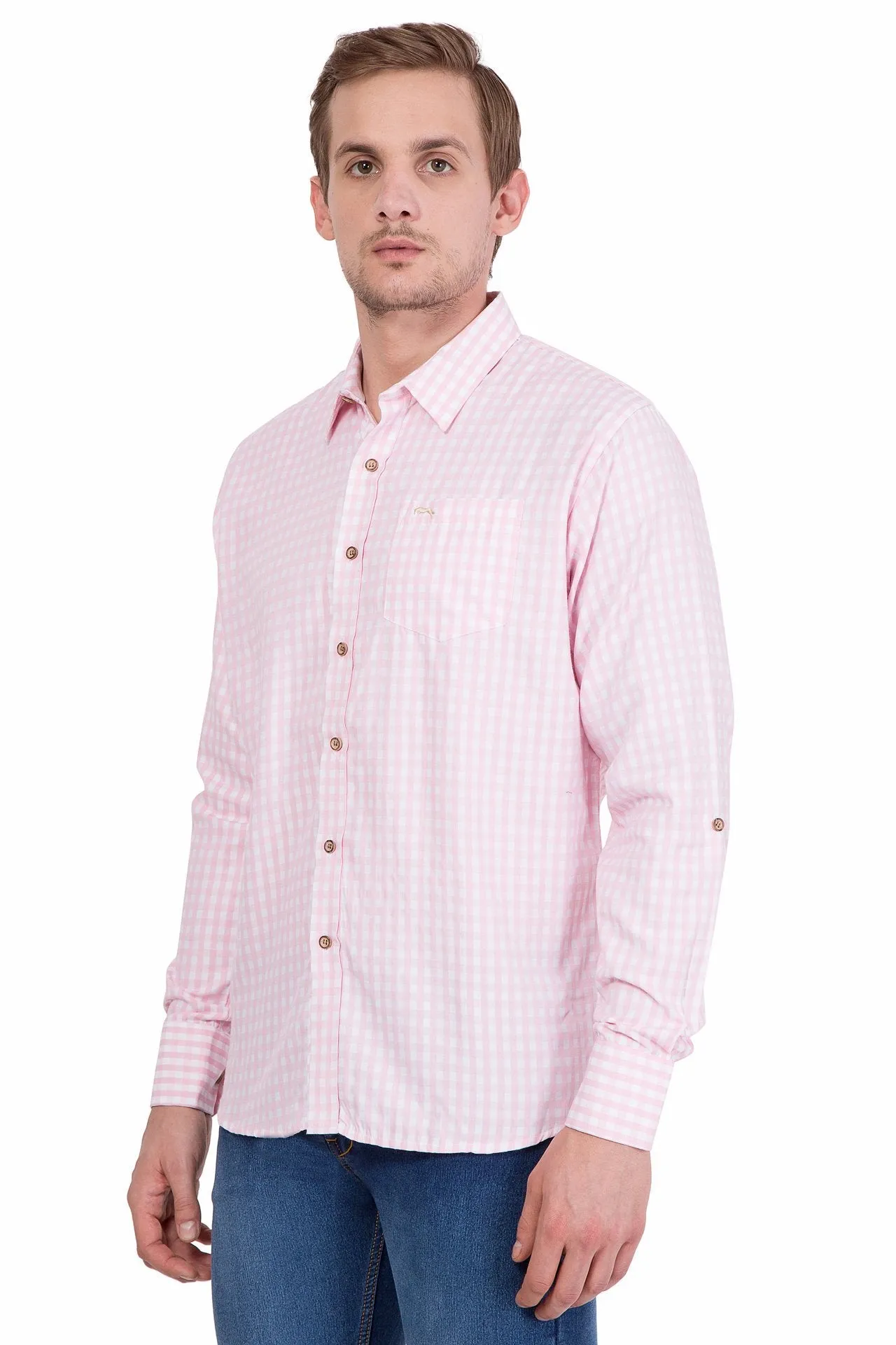 Slim Fit Long Sleeve Pink And White Check Casual Shirt