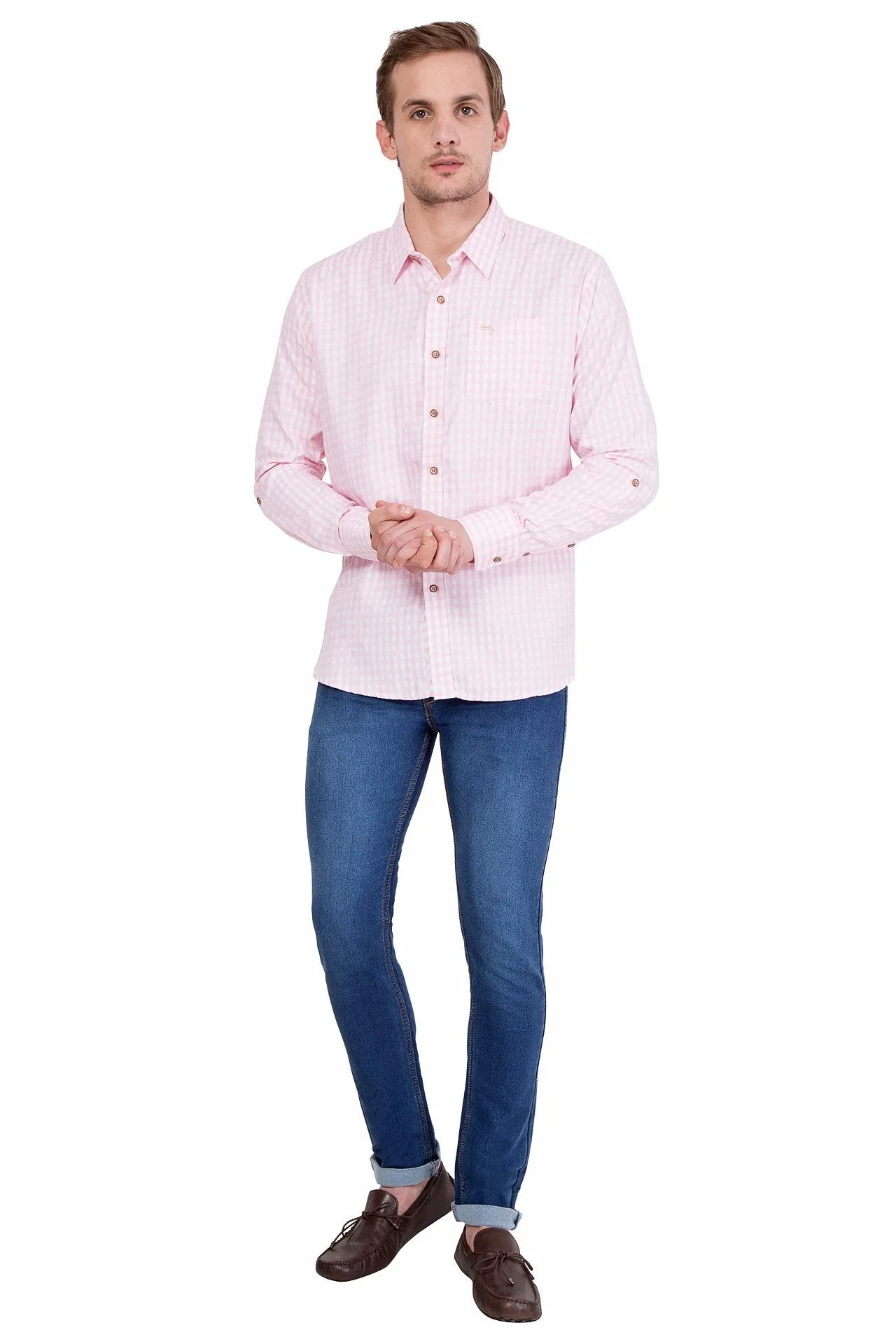 Slim Fit Long Sleeve Pink And White Check Casual Shirt