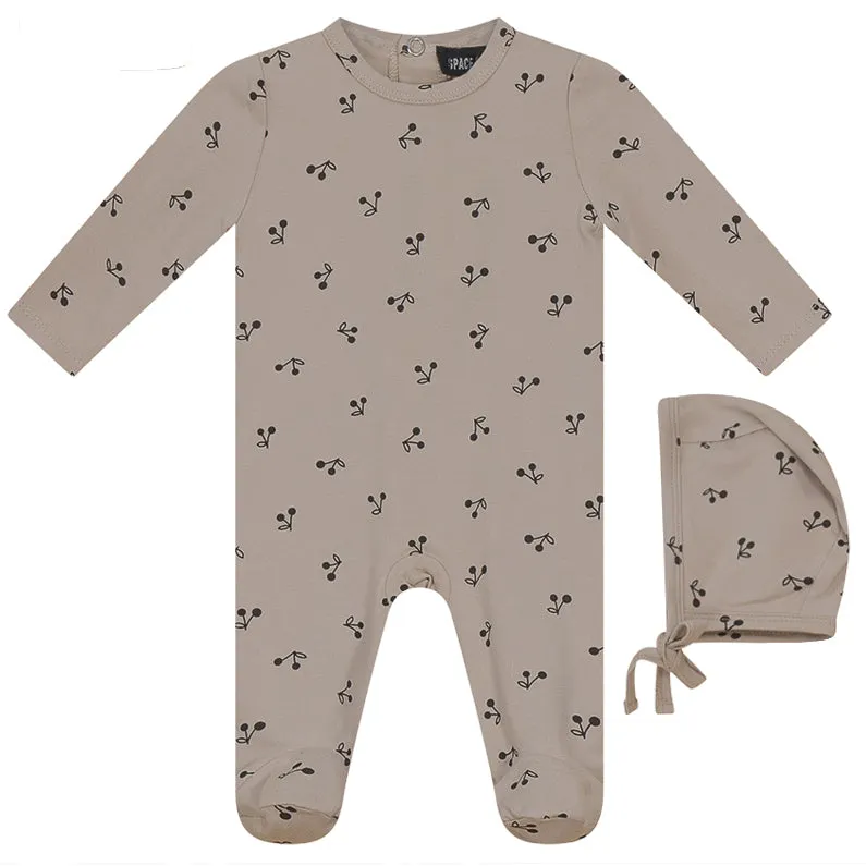 Space Grey Dark Almond Cherry Print Stretchie and Bonnet