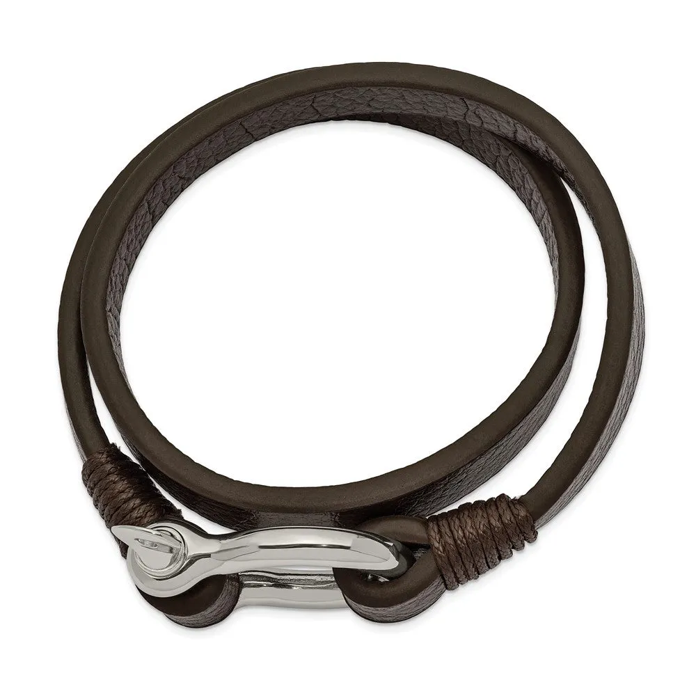 Stainless Steel, Black or Brown Leather Shackle Wrap Bracelet, 16 Inch