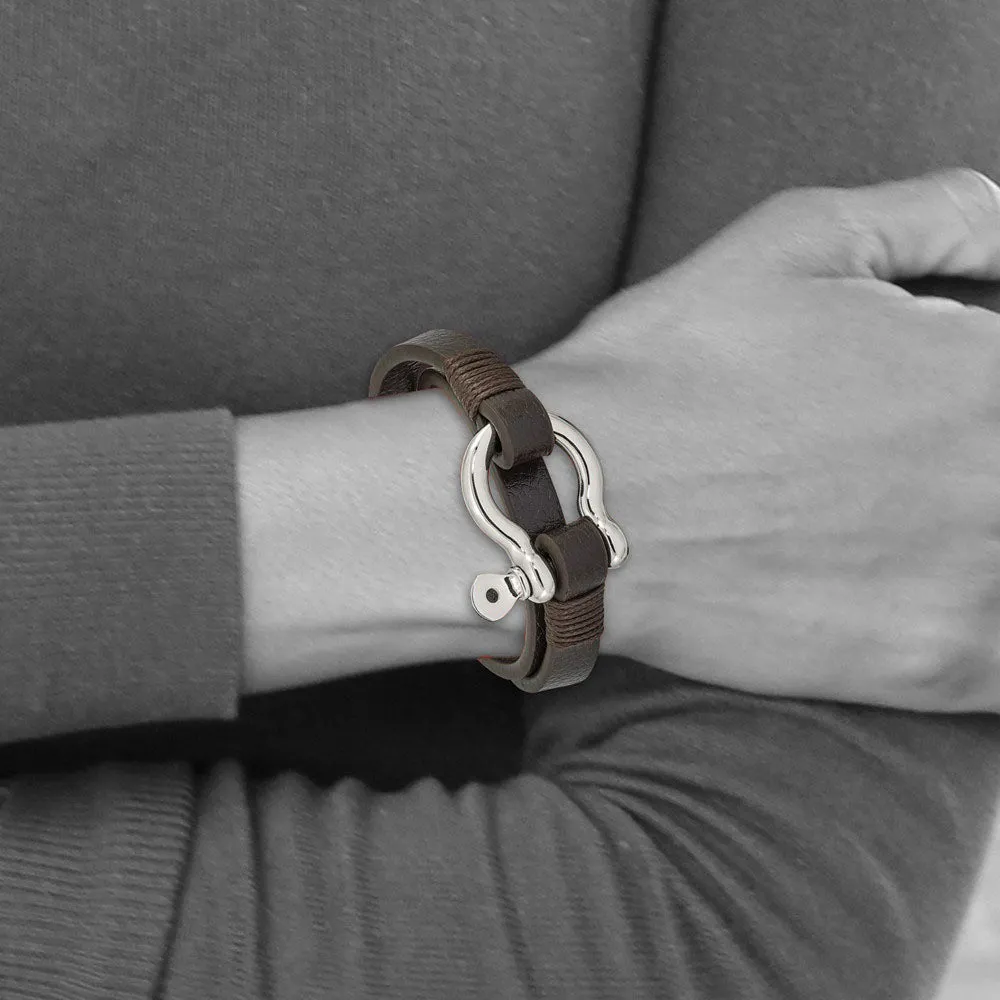 Stainless Steel, Black or Brown Leather Shackle Wrap Bracelet, 16 Inch