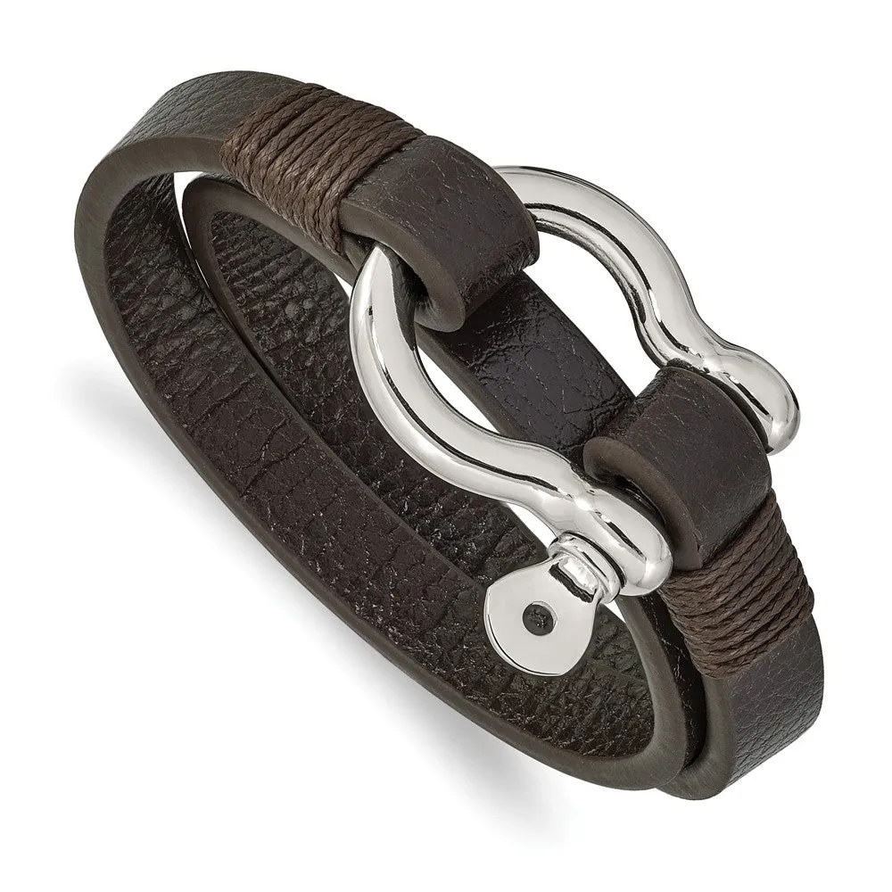 Stainless Steel, Black or Brown Leather Shackle Wrap Bracelet, 16 Inch