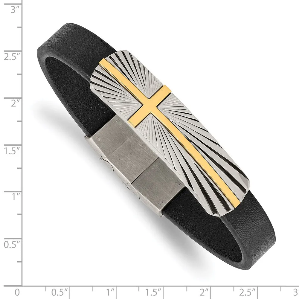 Stainless Steel Gold Tone Black Leather Cross I.D. Bracelet, 8-8.5 In