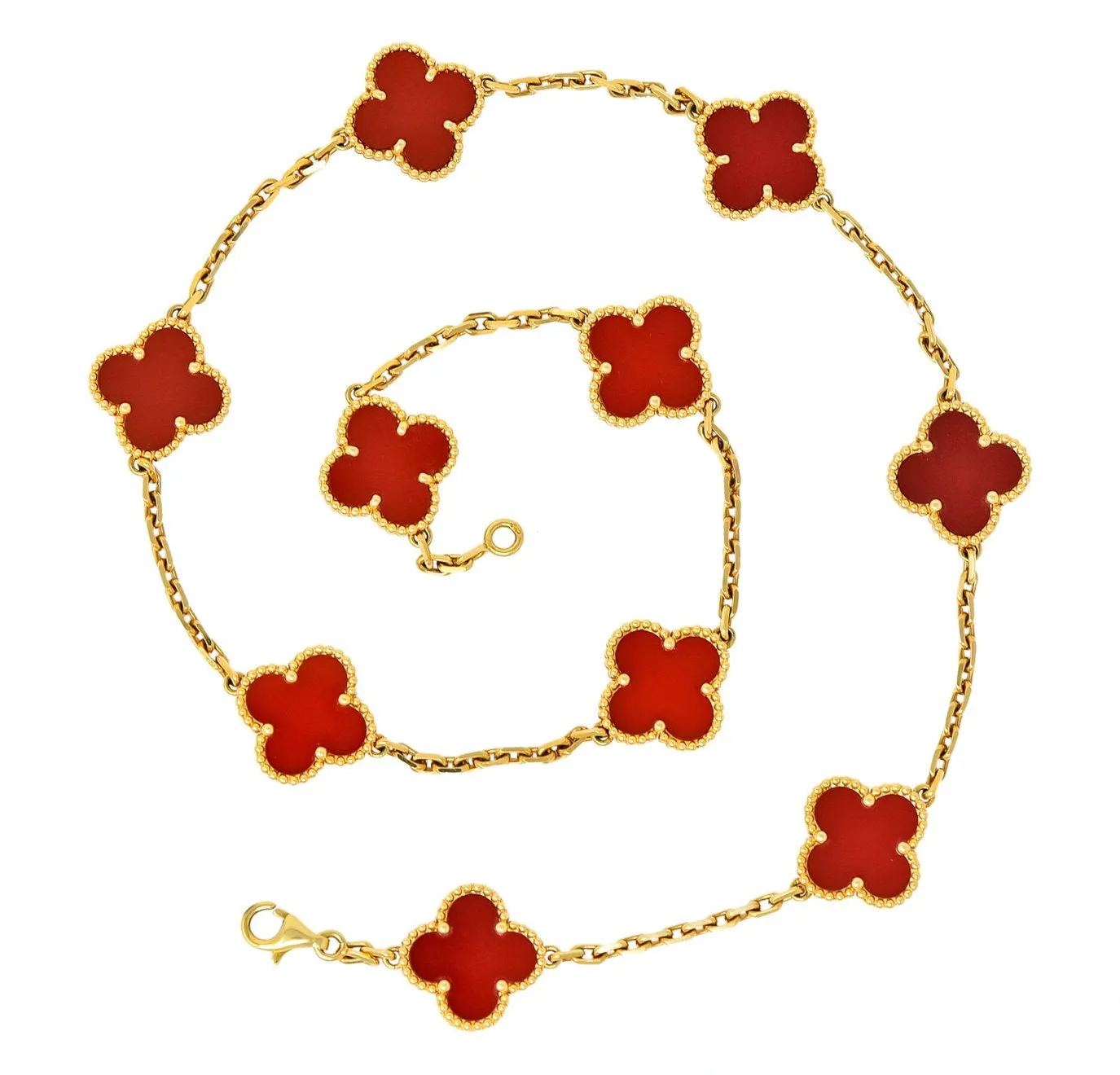 Van Cleef & Arpels Carnelian 18 Karat Yellow Gold Vintage Alhambra Necklace