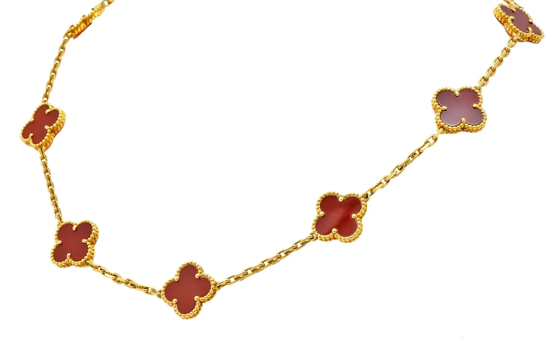 Van Cleef & Arpels Carnelian 18 Karat Yellow Gold Vintage Alhambra Necklace