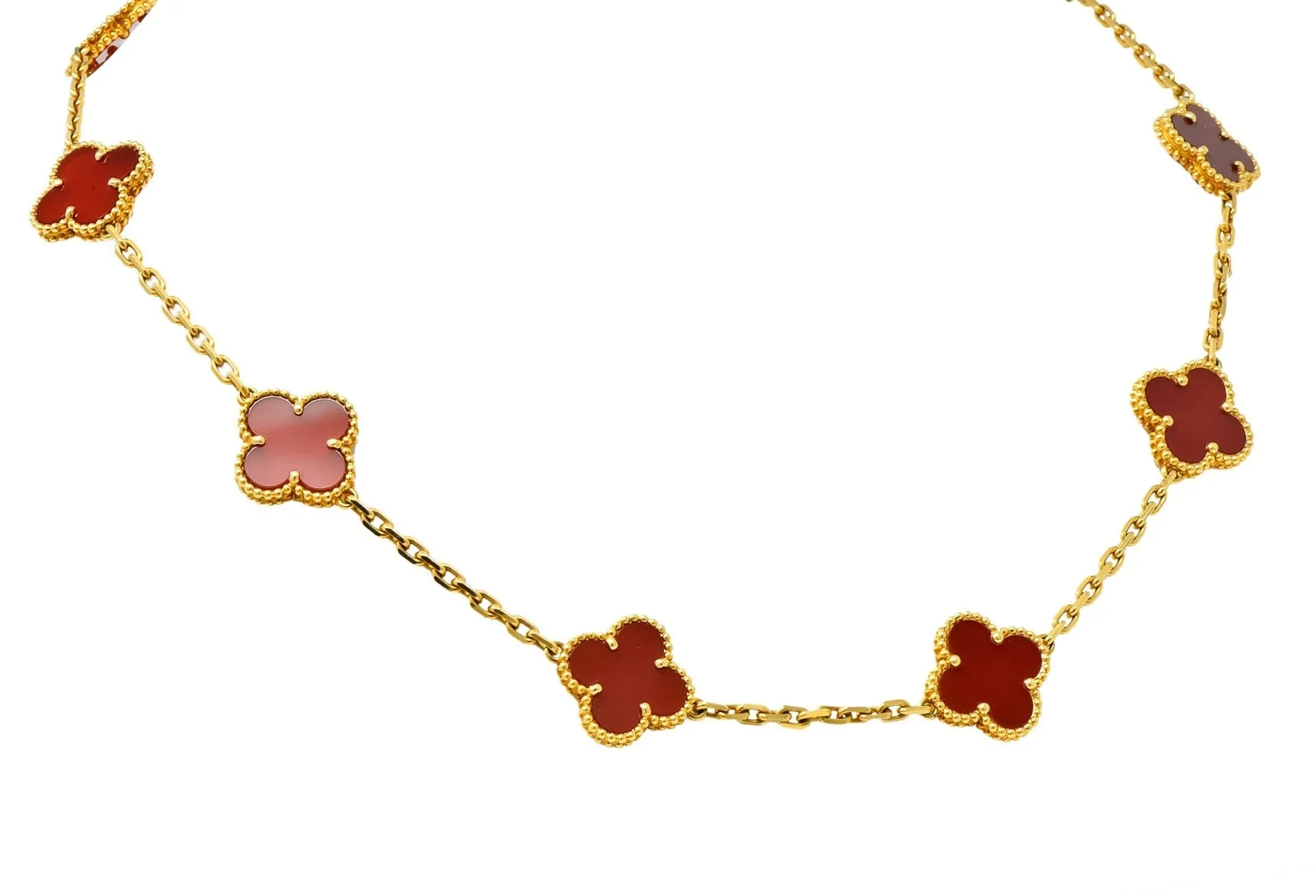 Van Cleef & Arpels Carnelian 18 Karat Yellow Gold Vintage Alhambra Necklace