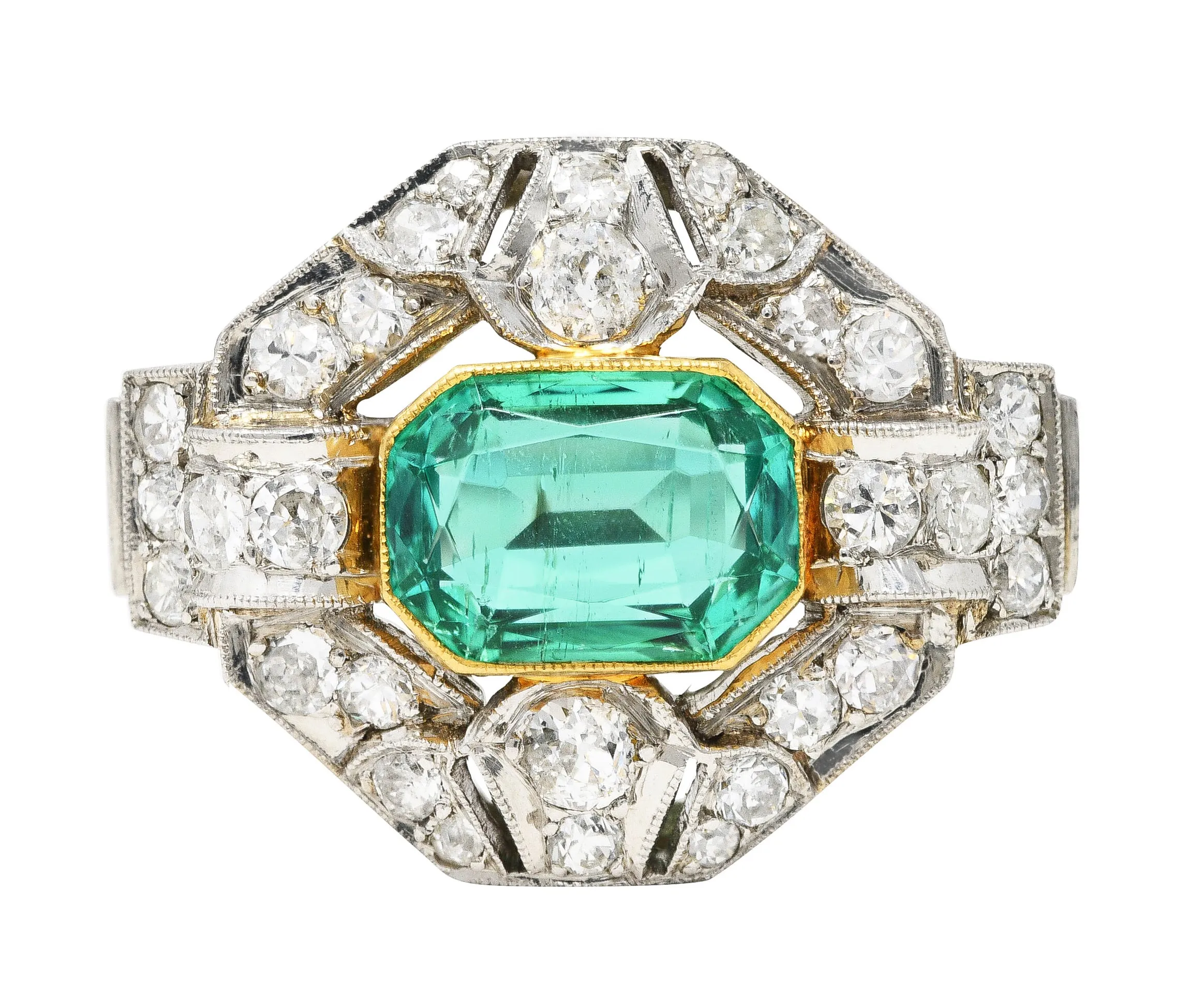 Vintage 4.15 CTW No Oil Colombian Emerald Platinum 18 Karat Yellow Gold Statement Ring GIA