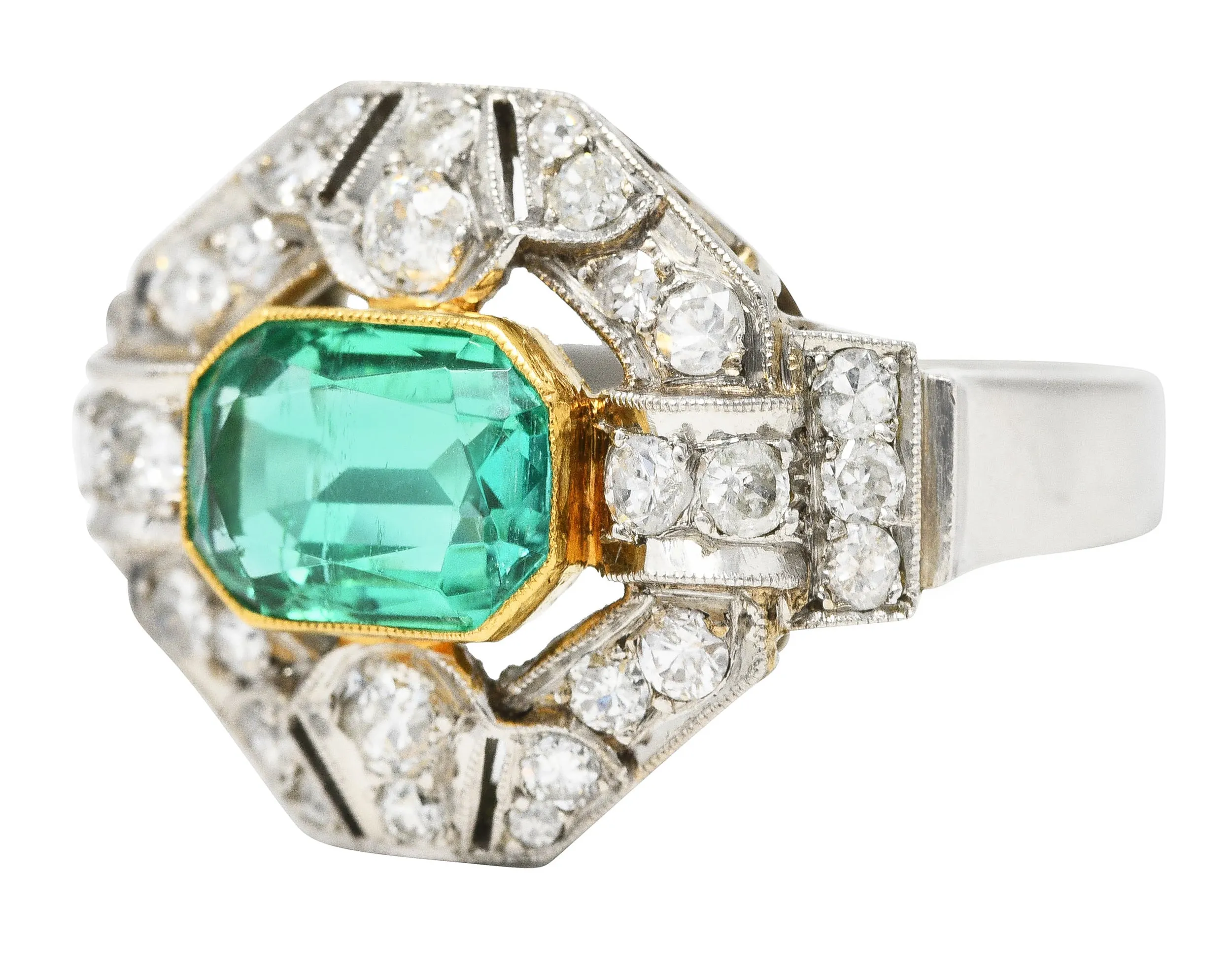 Vintage 4.15 CTW No Oil Colombian Emerald Platinum 18 Karat Yellow Gold Statement Ring GIA