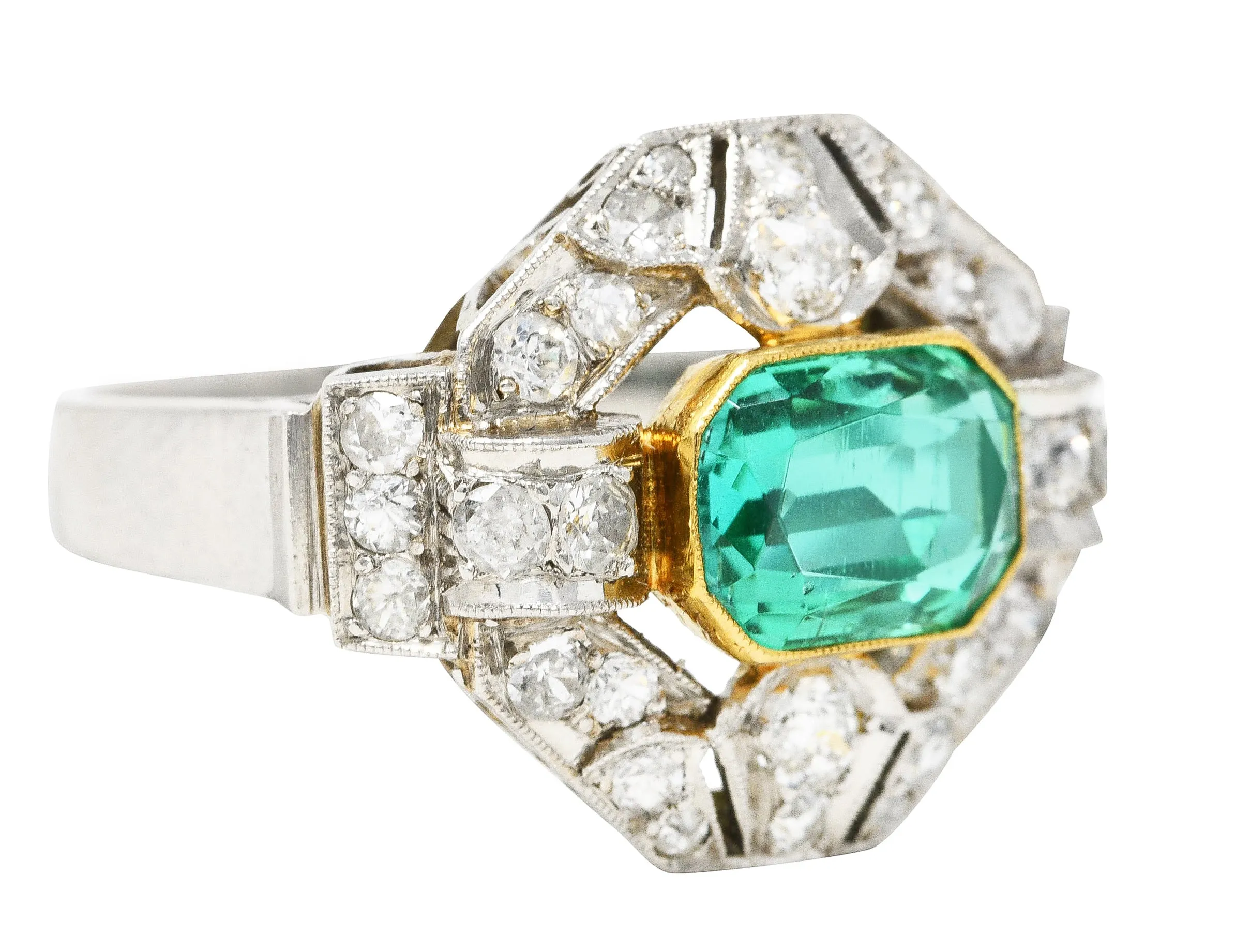 Vintage 4.15 CTW No Oil Colombian Emerald Platinum 18 Karat Yellow Gold Statement Ring GIA