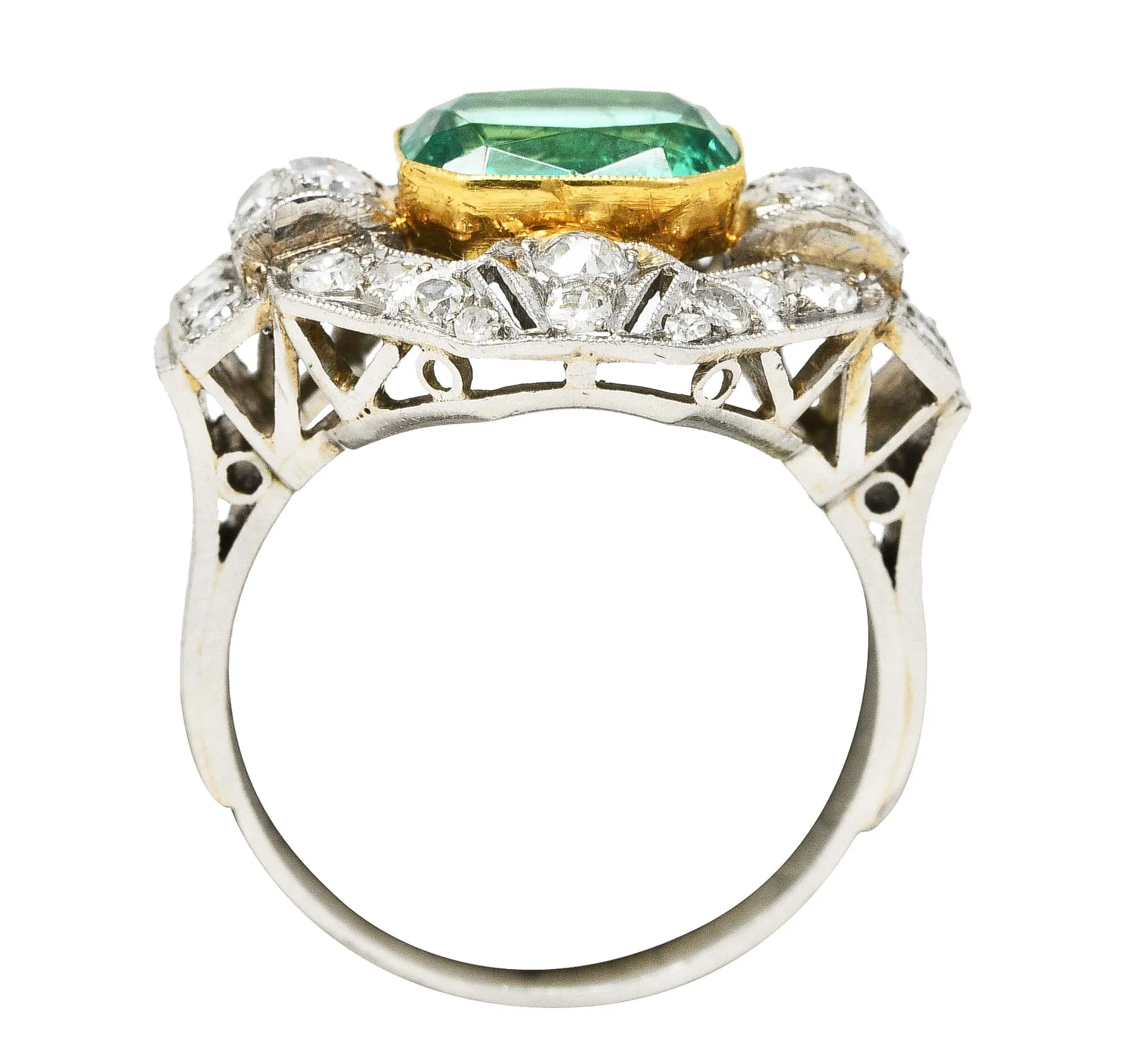 Vintage 4.15 CTW No Oil Colombian Emerald Platinum 18 Karat Yellow Gold Statement Ring GIA