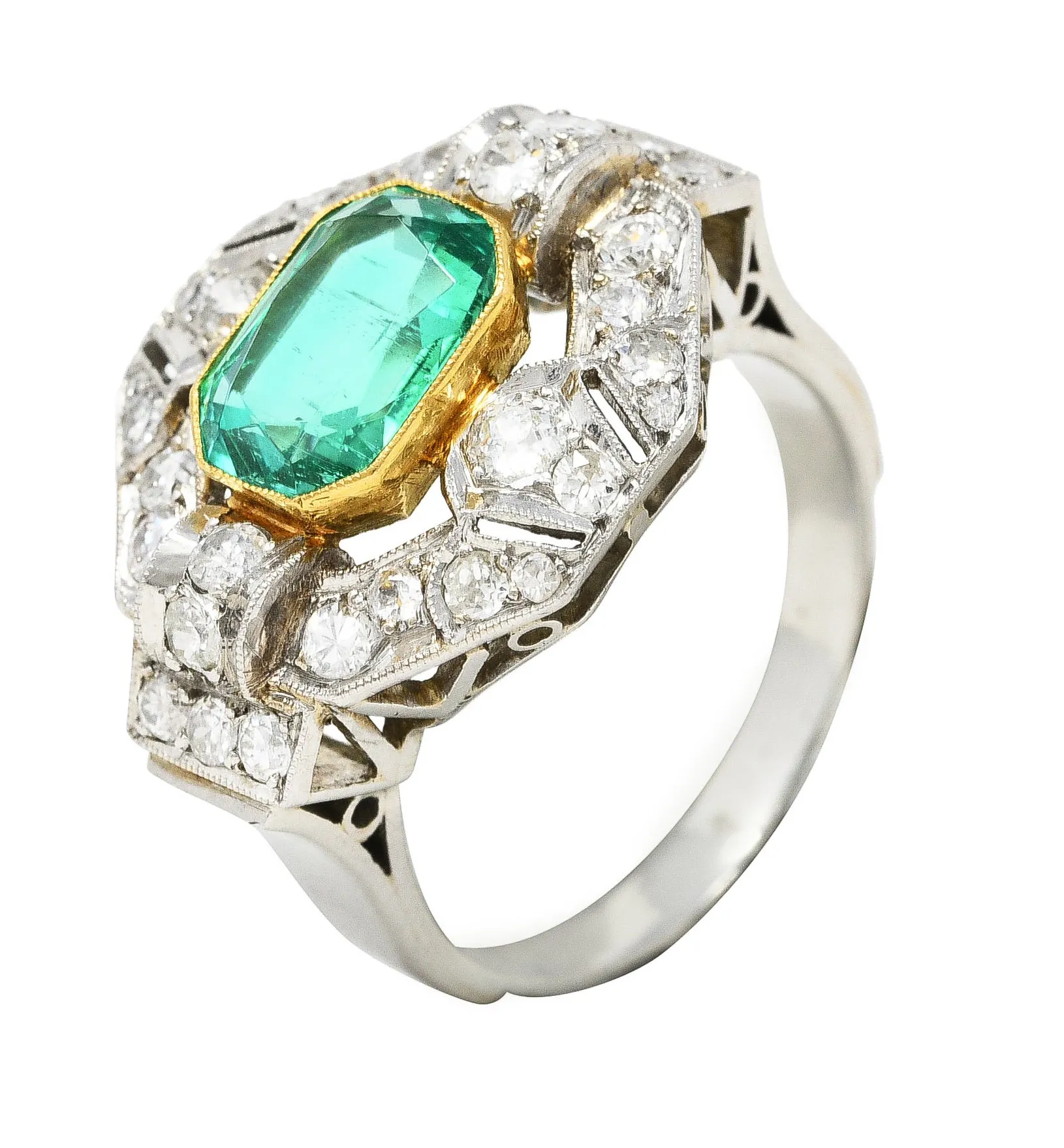 Vintage 4.15 CTW No Oil Colombian Emerald Platinum 18 Karat Yellow Gold Statement Ring GIA