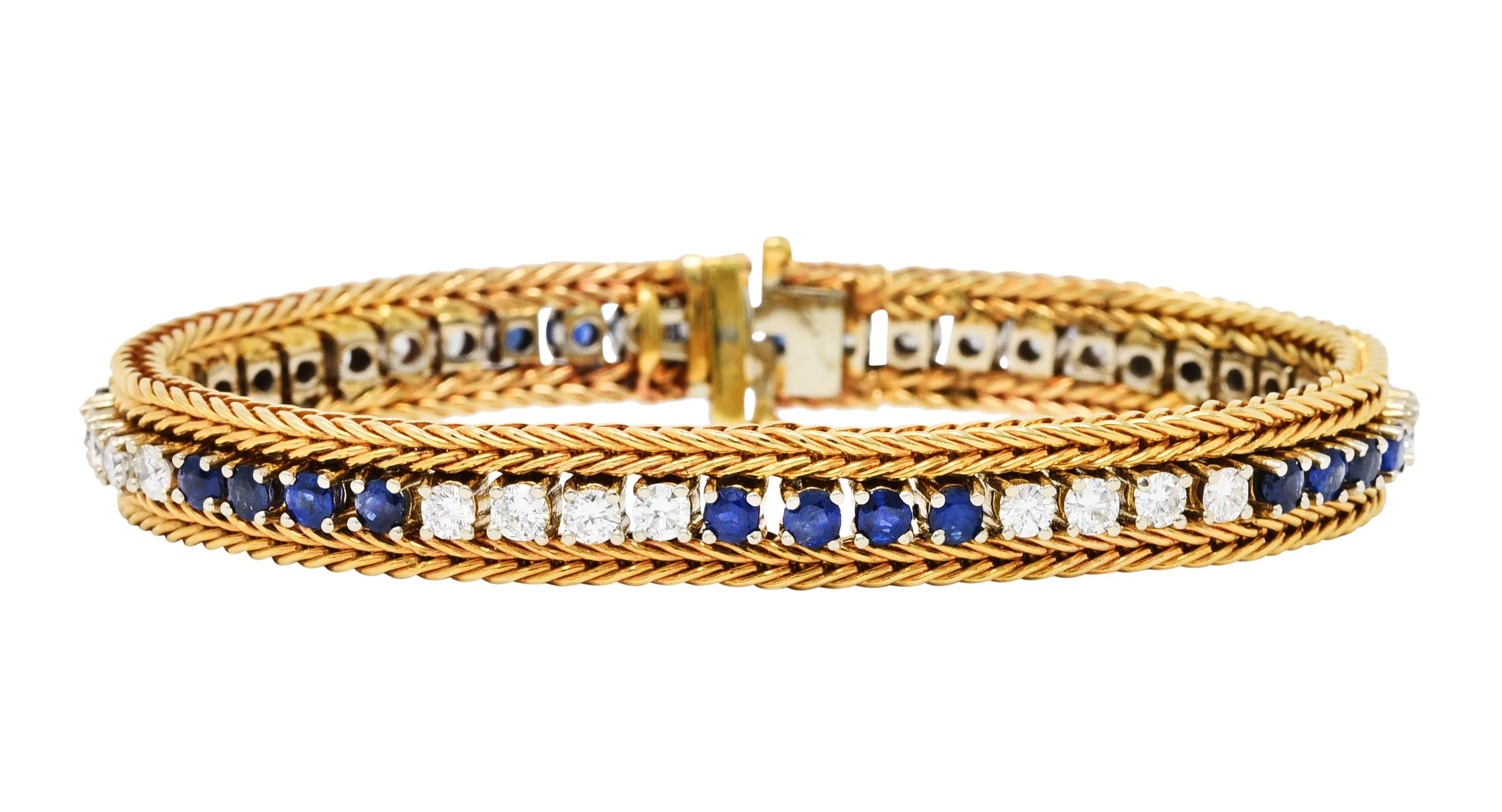 Vintage 5.00 CTW Diamond Sapphire 18 Karat Two-Tone Gold Wheat Line Bracelet