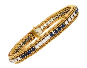 Vintage 5.00 CTW Diamond Sapphire 18 Karat Two-Tone Gold Wheat Line Bracelet