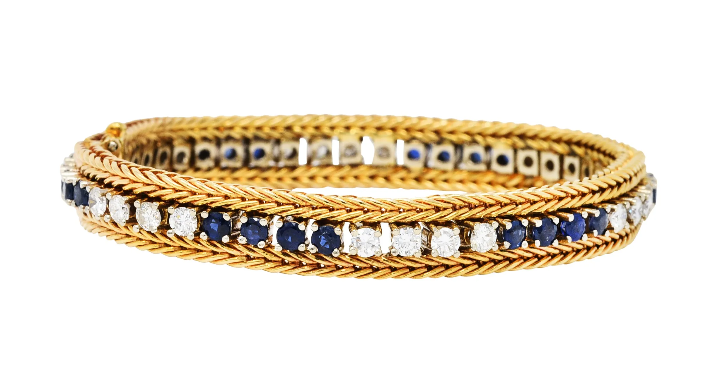 Vintage 5.00 CTW Diamond Sapphire 18 Karat Two-Tone Gold Wheat Line Bracelet