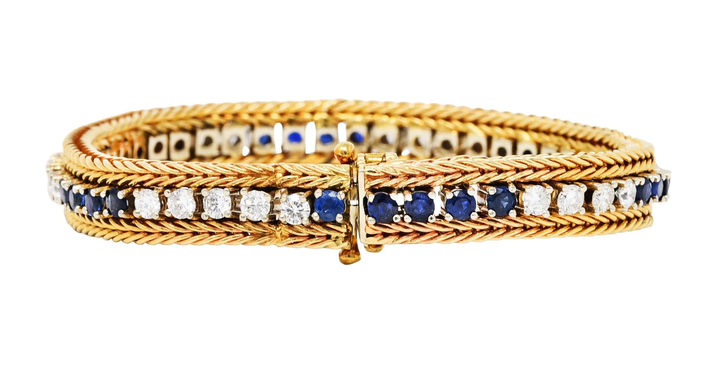 Vintage 5.00 CTW Diamond Sapphire 18 Karat Two-Tone Gold Wheat Line Bracelet