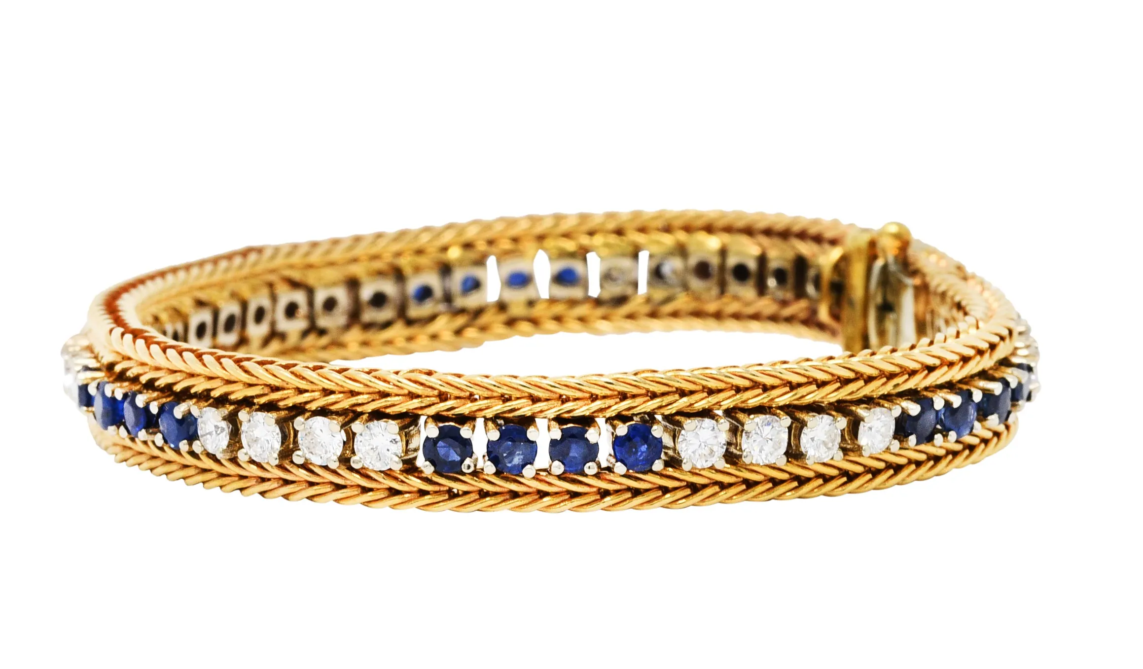 Vintage 5.00 CTW Diamond Sapphire 18 Karat Two-Tone Gold Wheat Line Bracelet