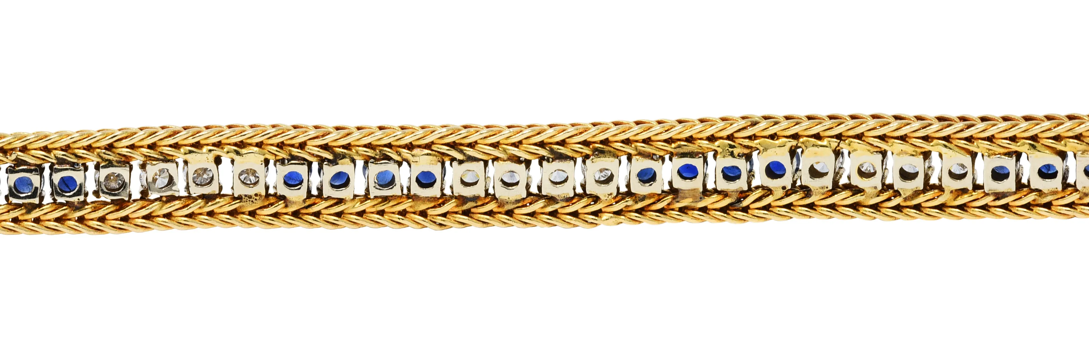 Vintage 5.00 CTW Diamond Sapphire 18 Karat Two-Tone Gold Wheat Line Bracelet