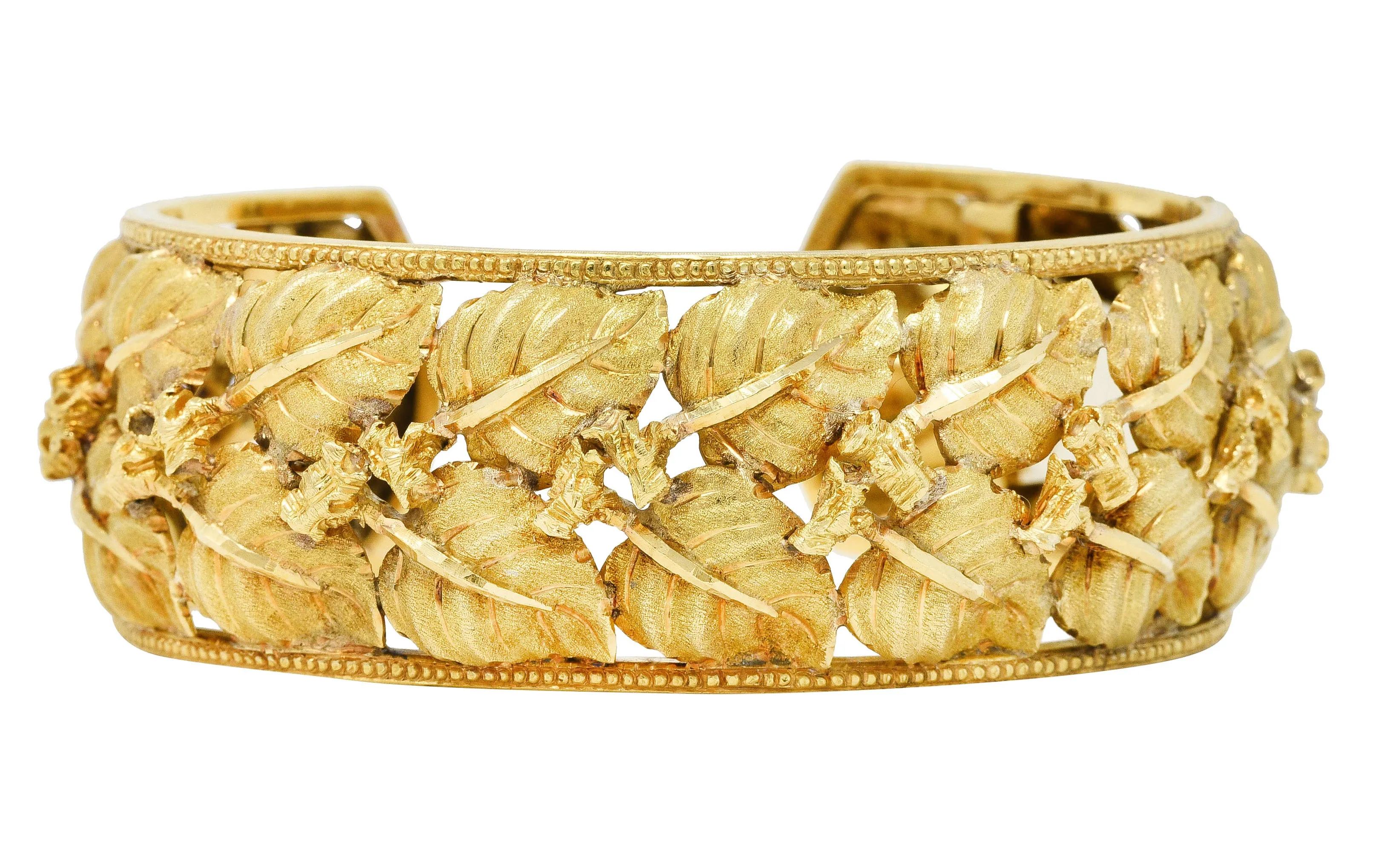 Vintage Buccellati 18 Karat Yellow Gold Hinged Foliate Leaf Cuff Bracelet