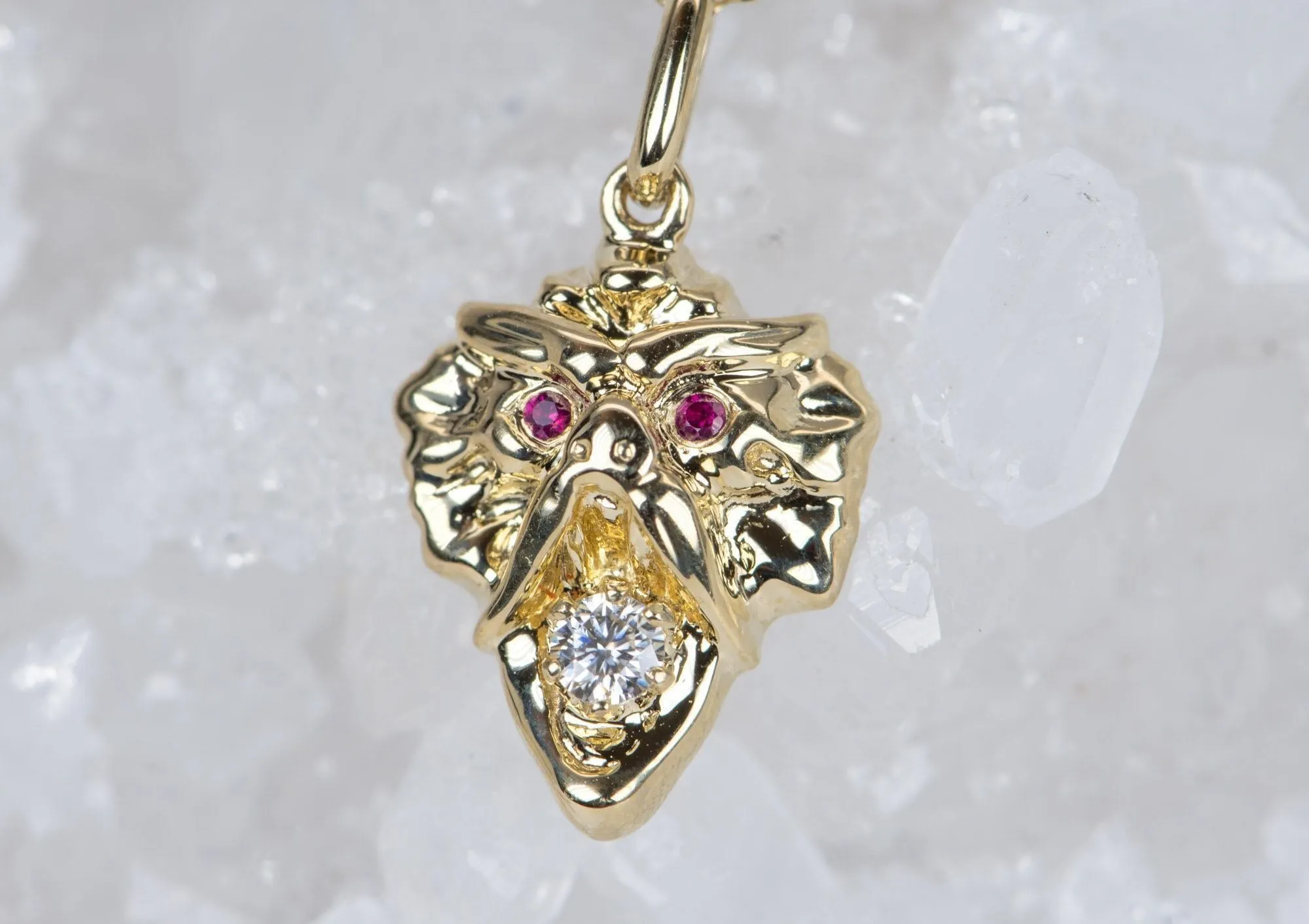 Vintage Inspired Griffin Pendant Solid 9K Gold Ruby Eyes Moissanite Mouth M4009