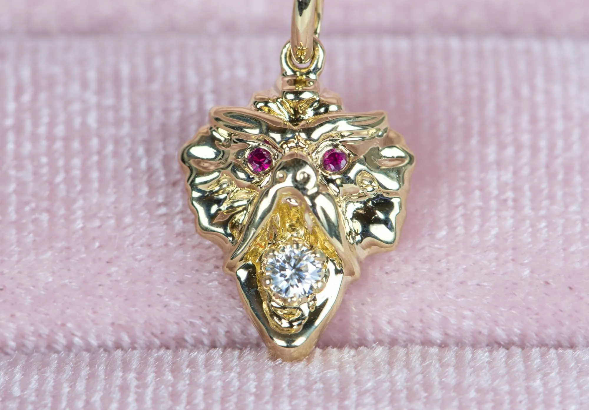 Vintage Inspired Griffin Pendant Solid 9K Gold Ruby Eyes Moissanite Mouth M4009