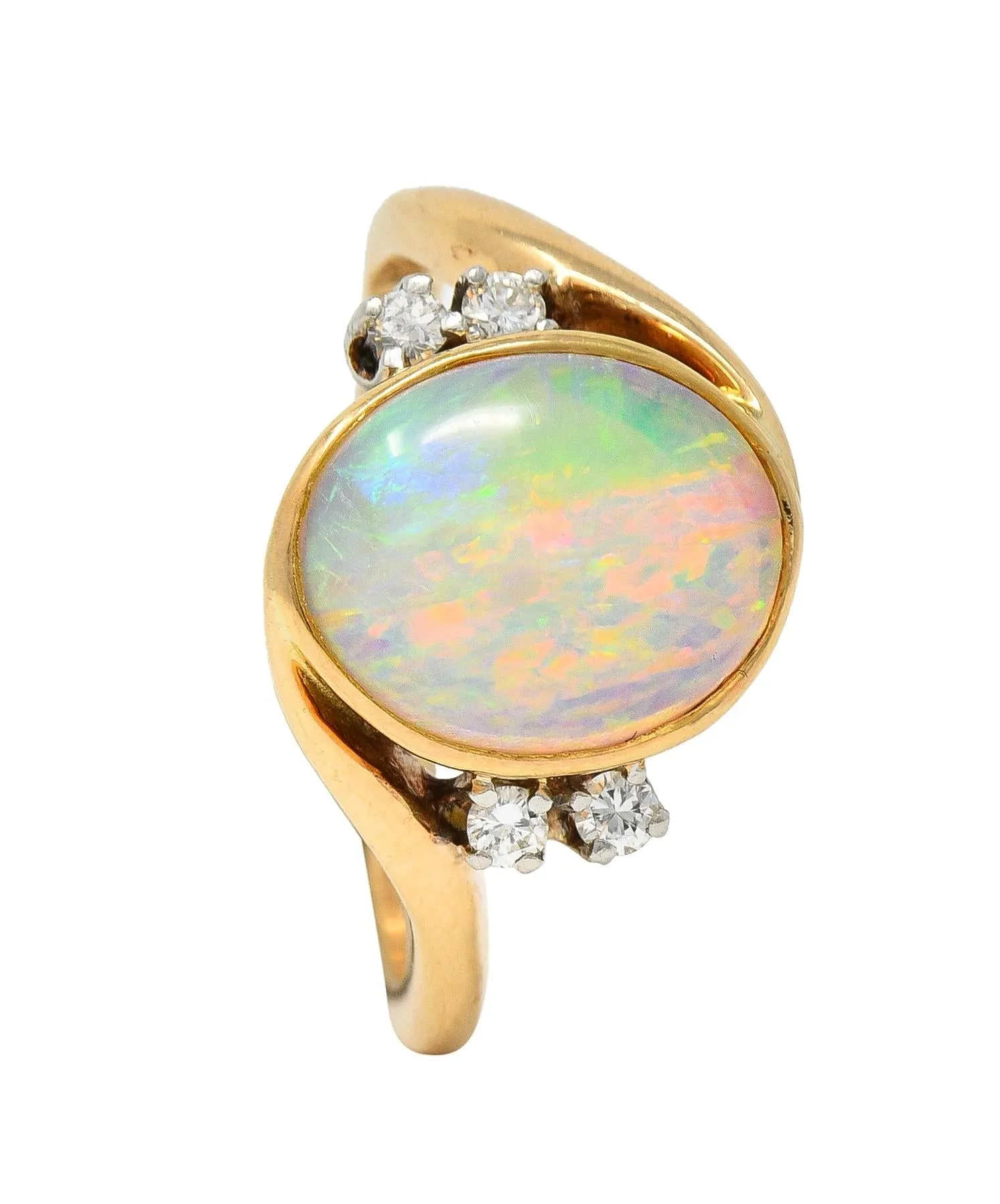 Vintage Opal Cabochon Diamond Platinum 14 Karat Yellow Gold Bypass Ring