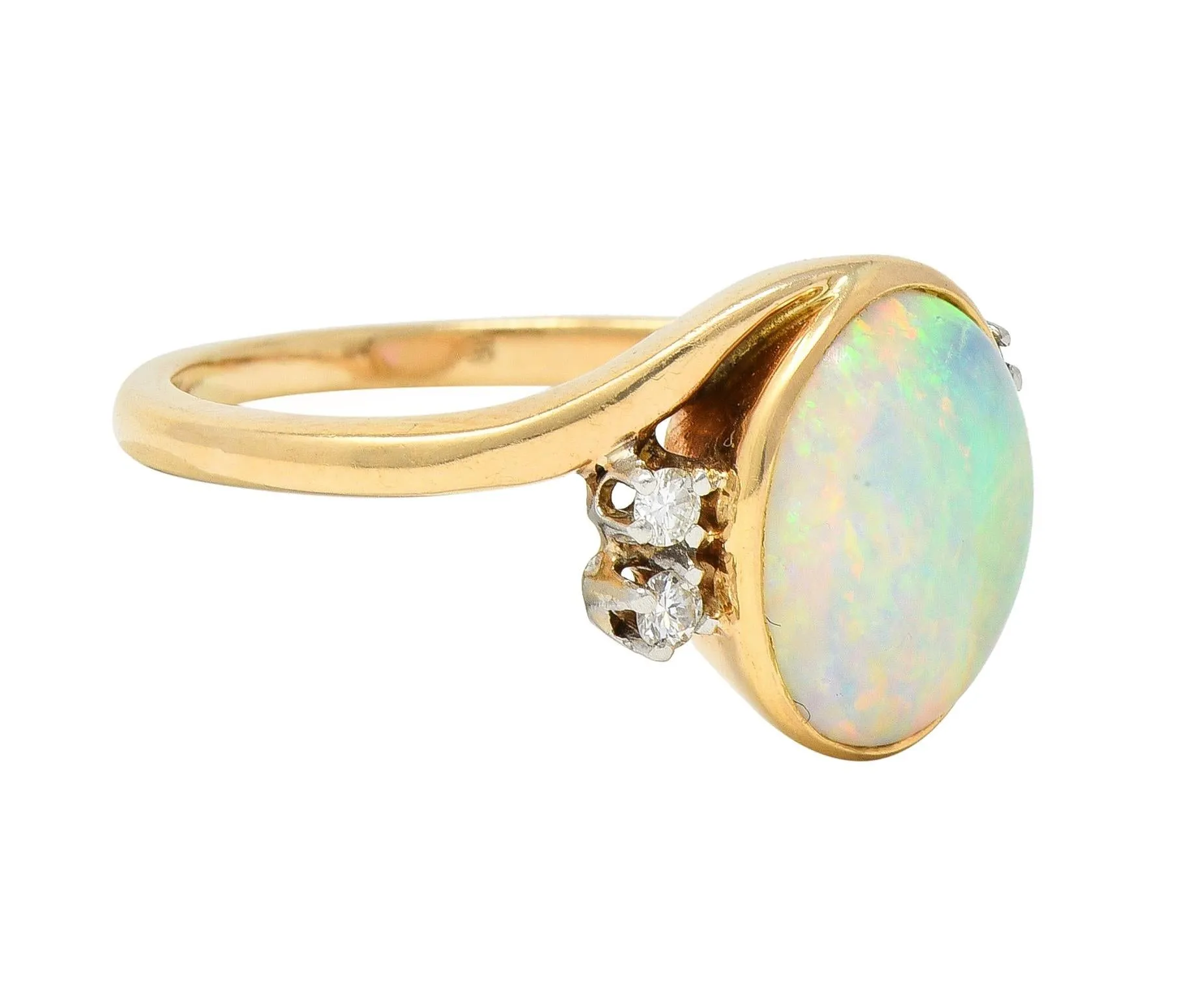 Vintage Opal Cabochon Diamond Platinum 14 Karat Yellow Gold Bypass Ring