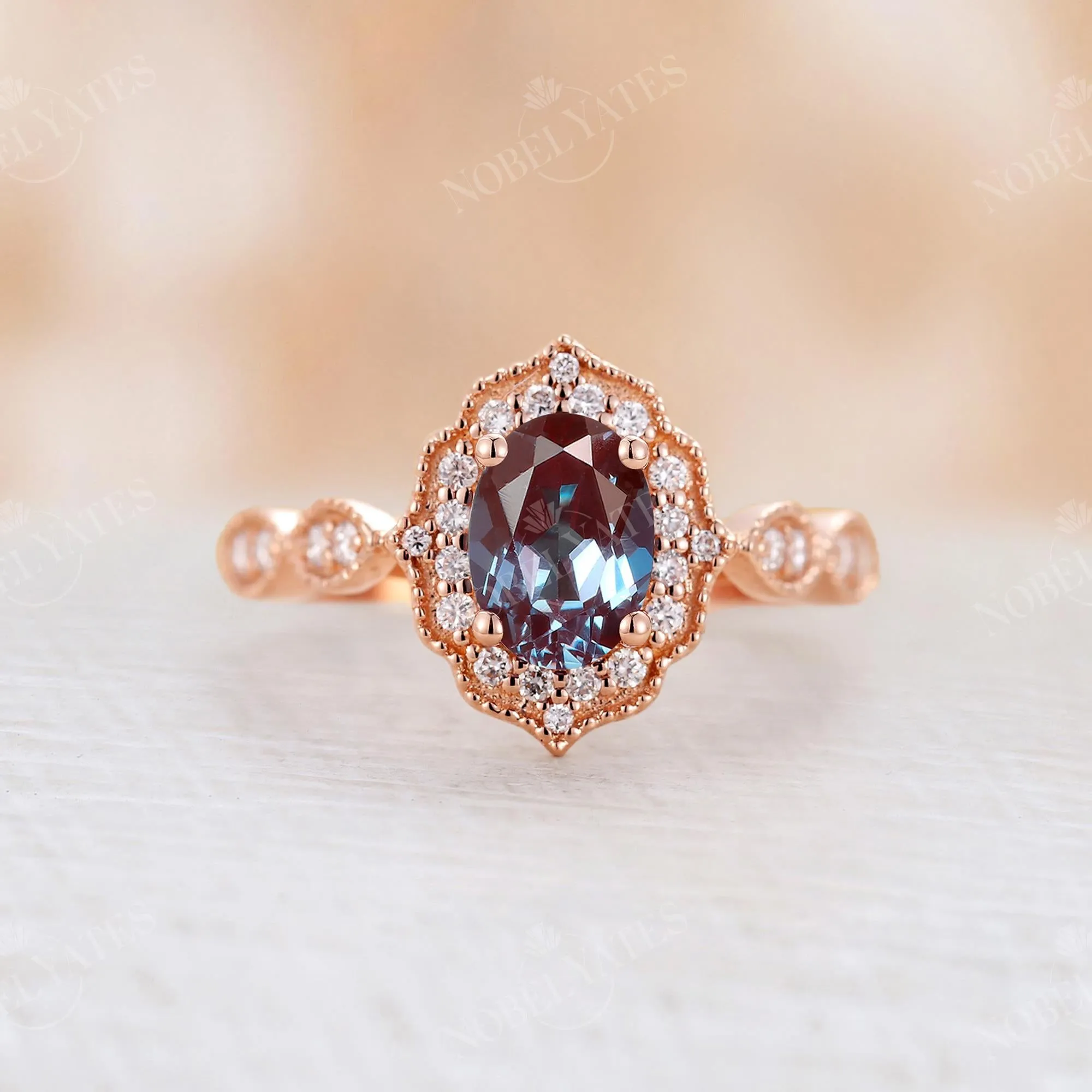 Vintage Oval Lab Alexandrite Milgrain Halo Engagement Ring Rose Gold