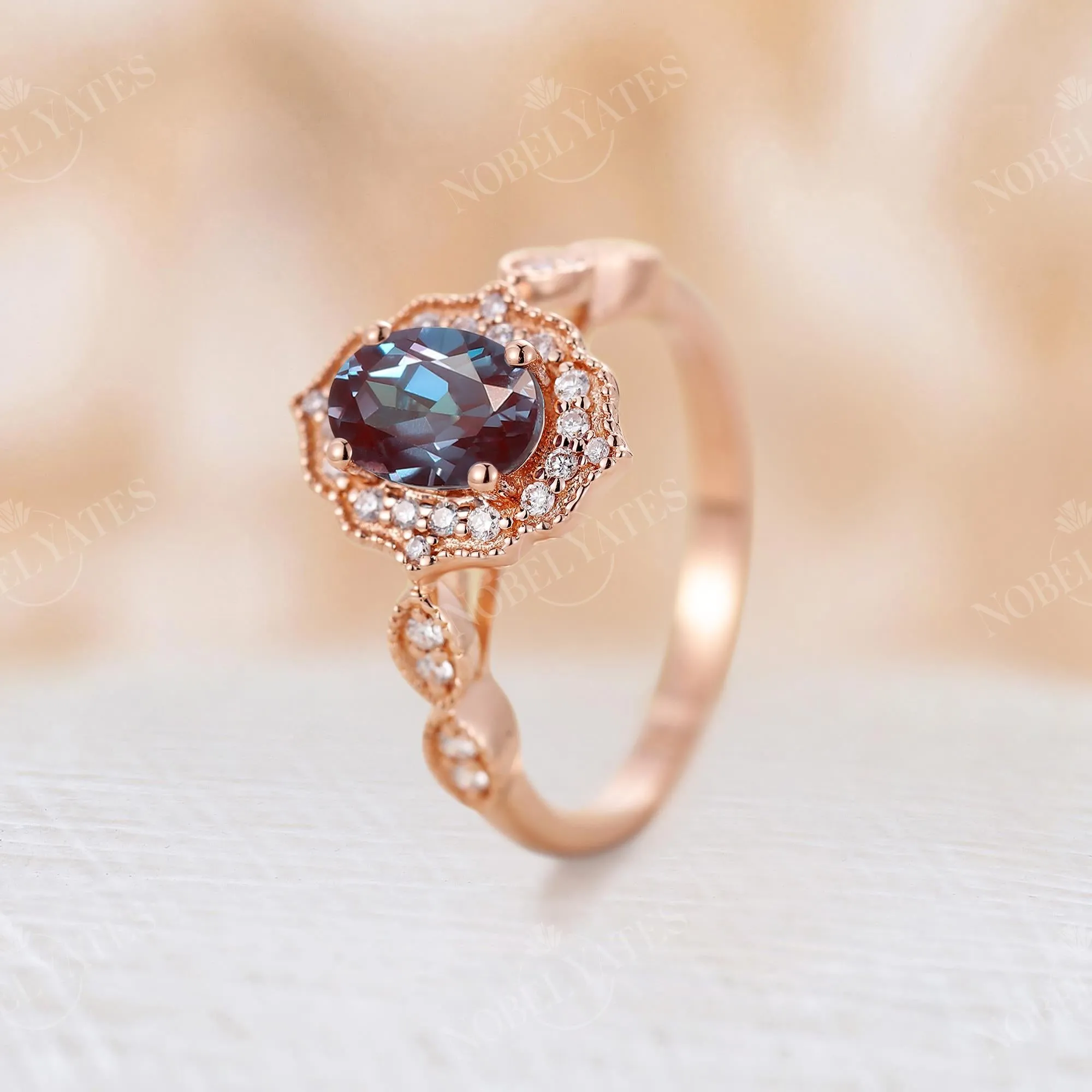 Vintage Oval Lab Alexandrite Milgrain Halo Engagement Ring Rose Gold