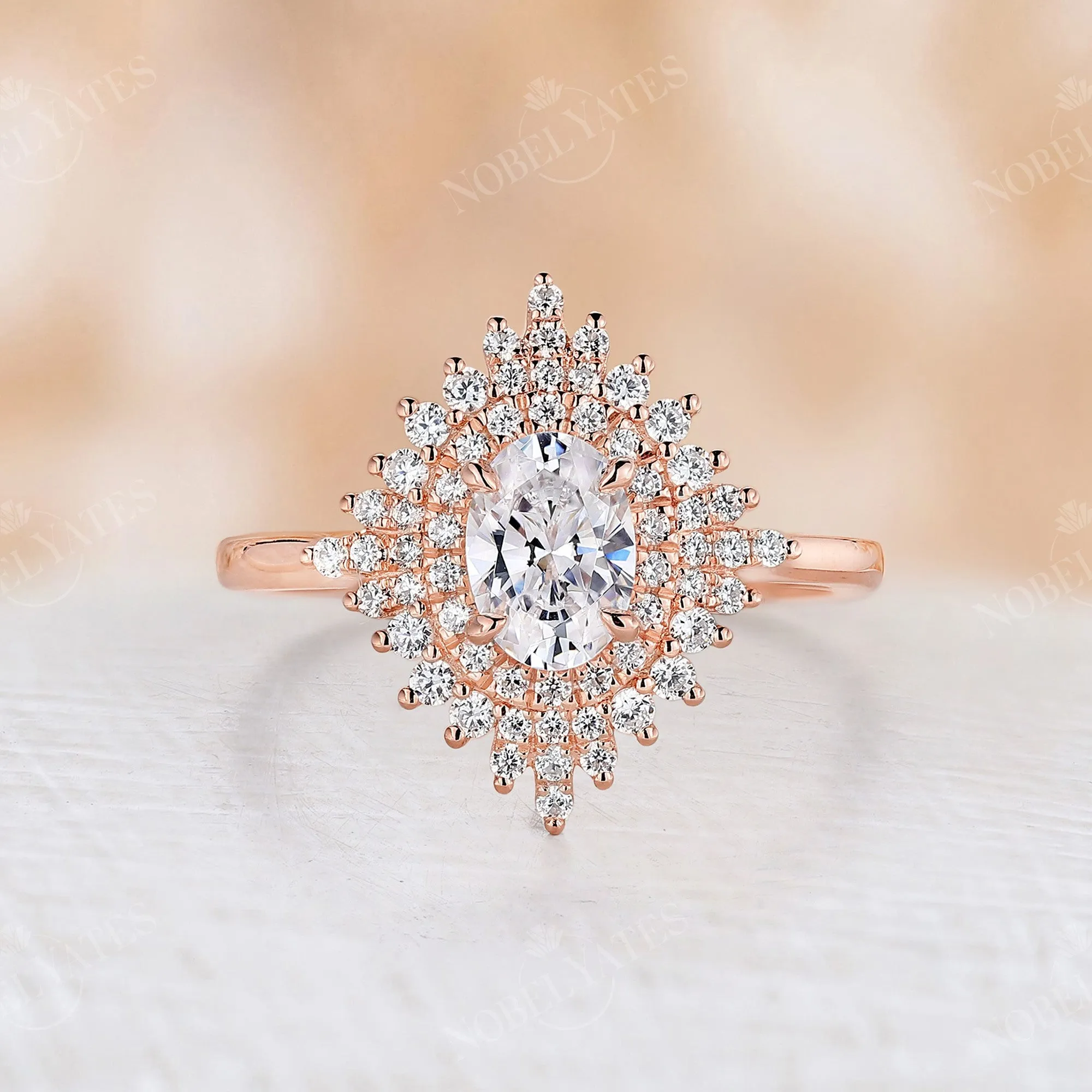 Vintage Oval Moissanite Engagement Ring Rose Gold Double Halo